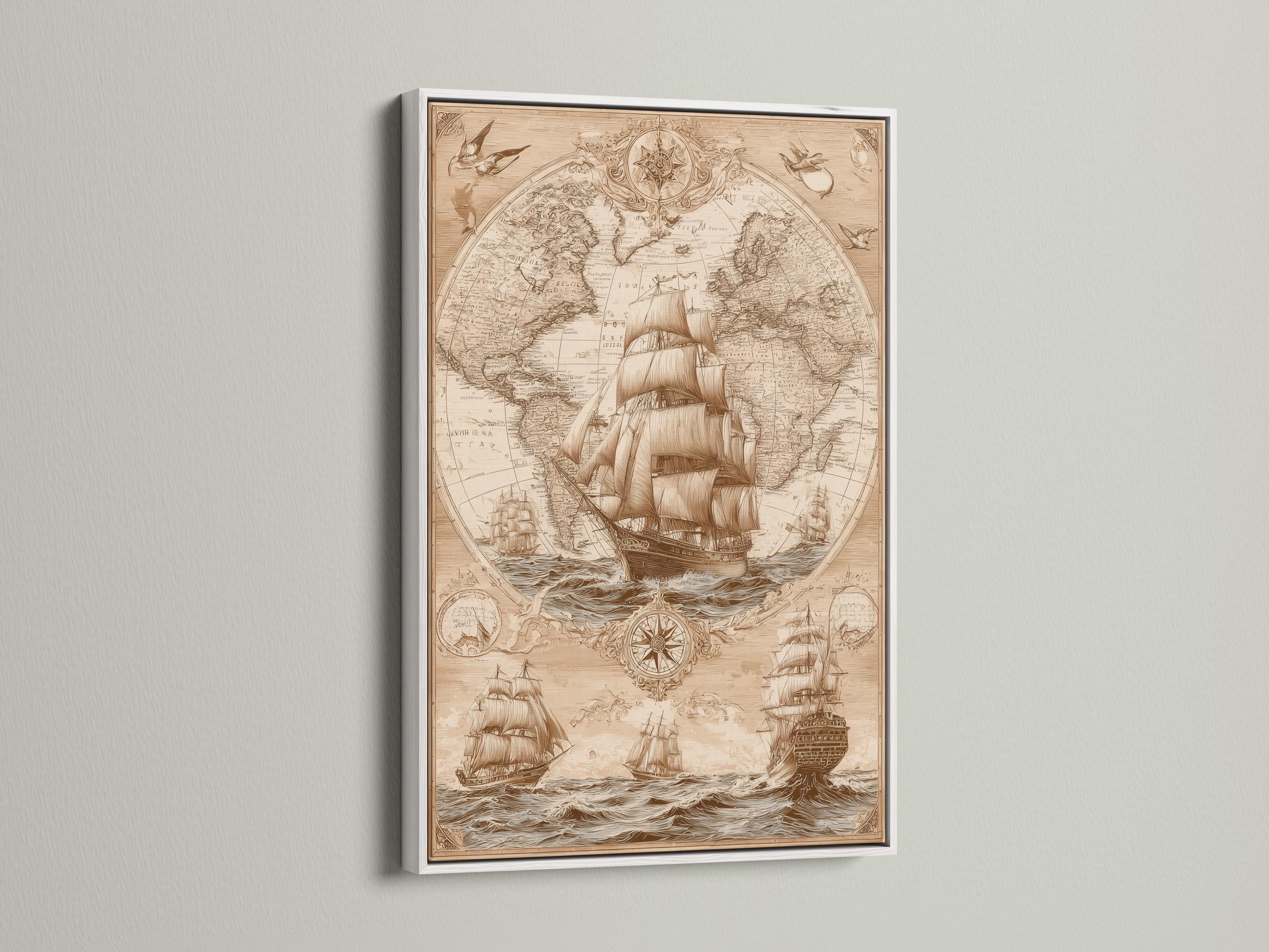 Vintage sepia world map with compass rose and sailing ships over decorative waves detail view