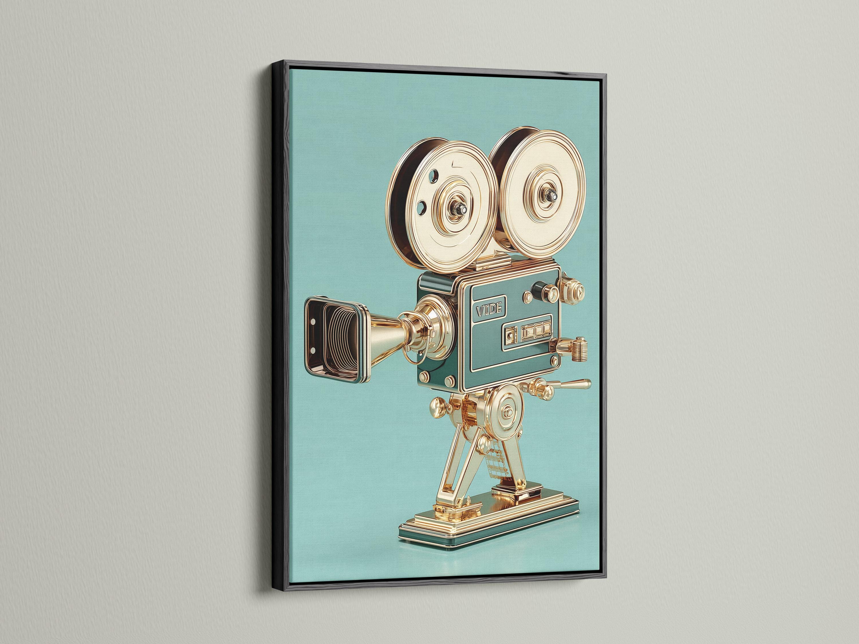 Woman standing beside a framed vintage film camera illustration on a teal background