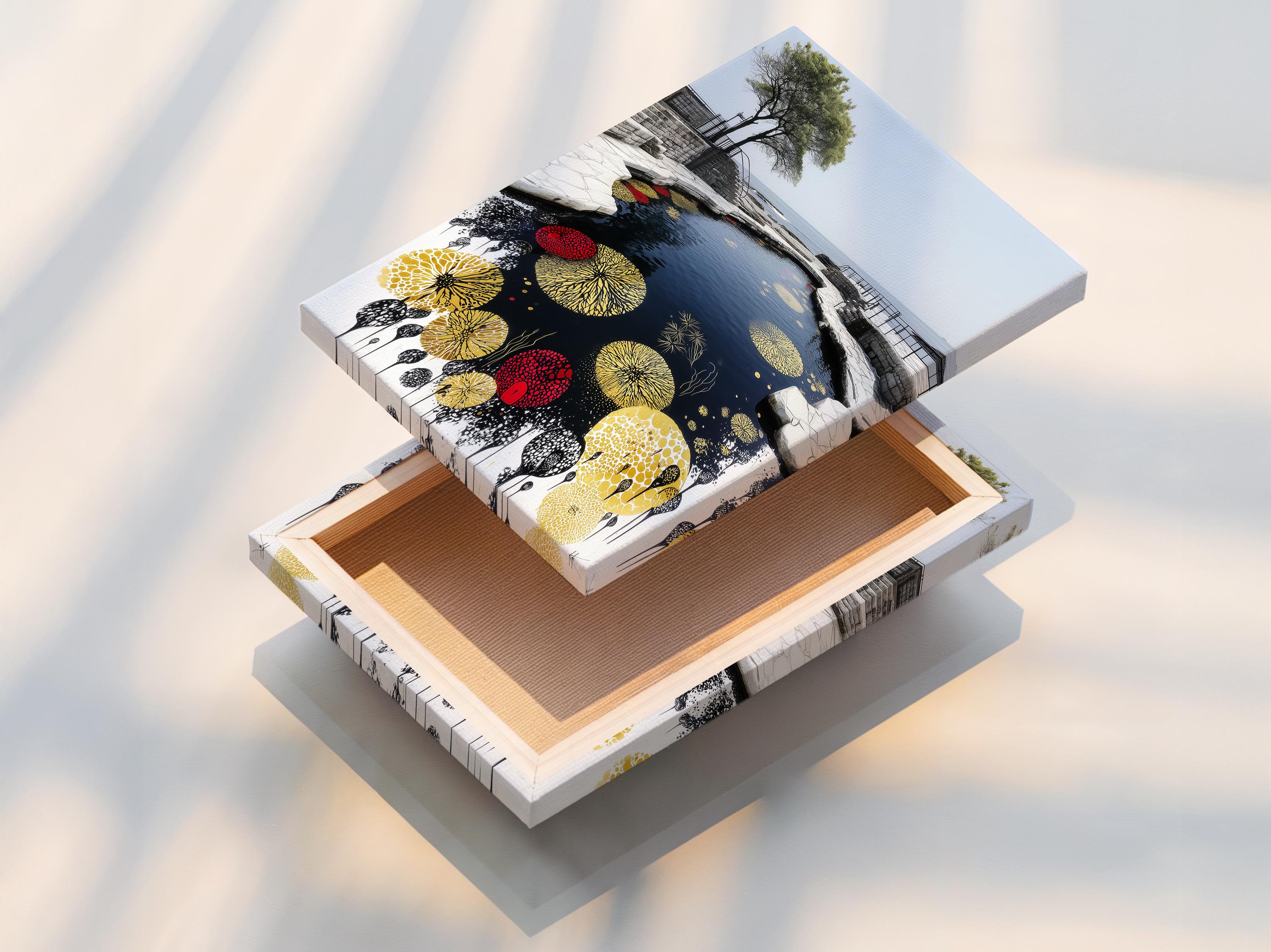 Portrait artwork showing a pond or water channel with floating lily pads in gold and yellow and dark ink splashes detail view
