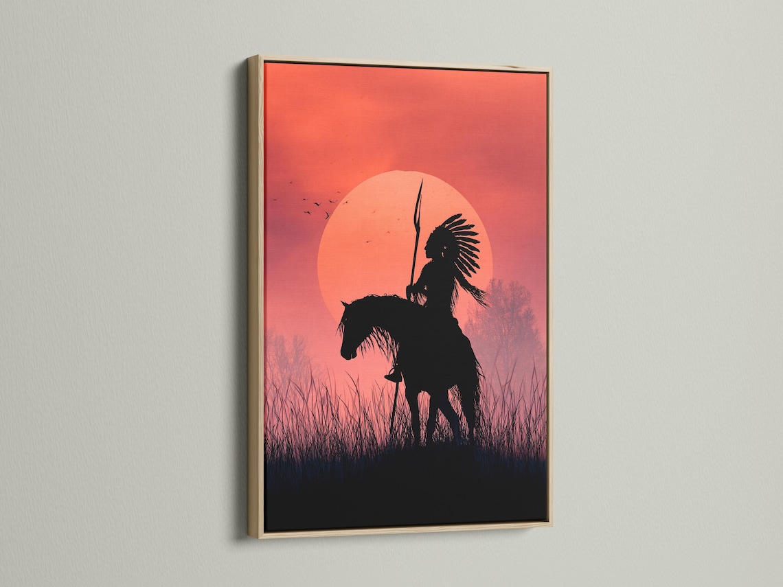 Red sunset circle with a dark horse rider silhouette holding a spear, birds in flight and silhouetted grasses detail view