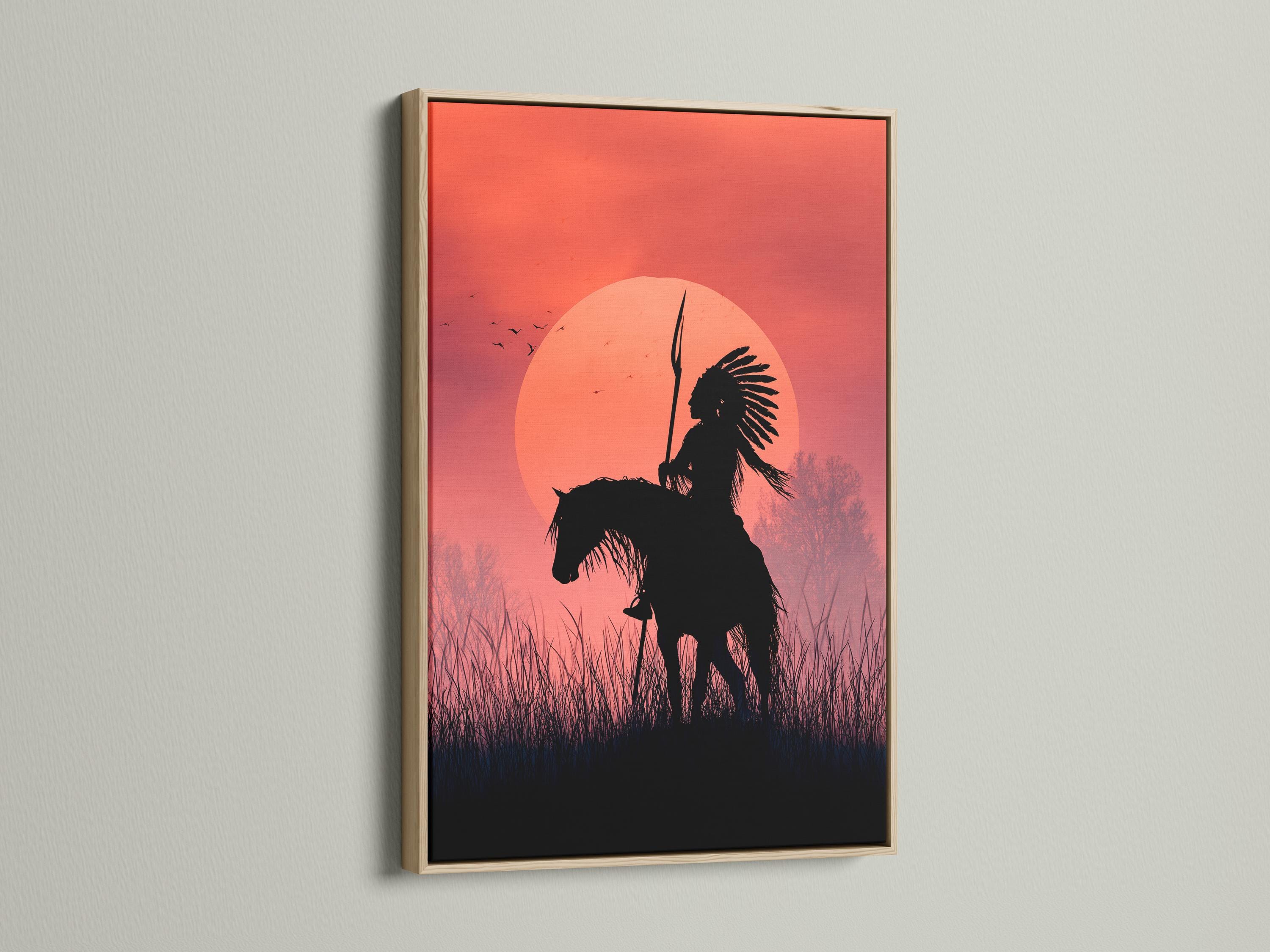 Red sunset circle with a dark horse rider silhouette holding a spear, birds in flight and silhouetted grasses detail view
