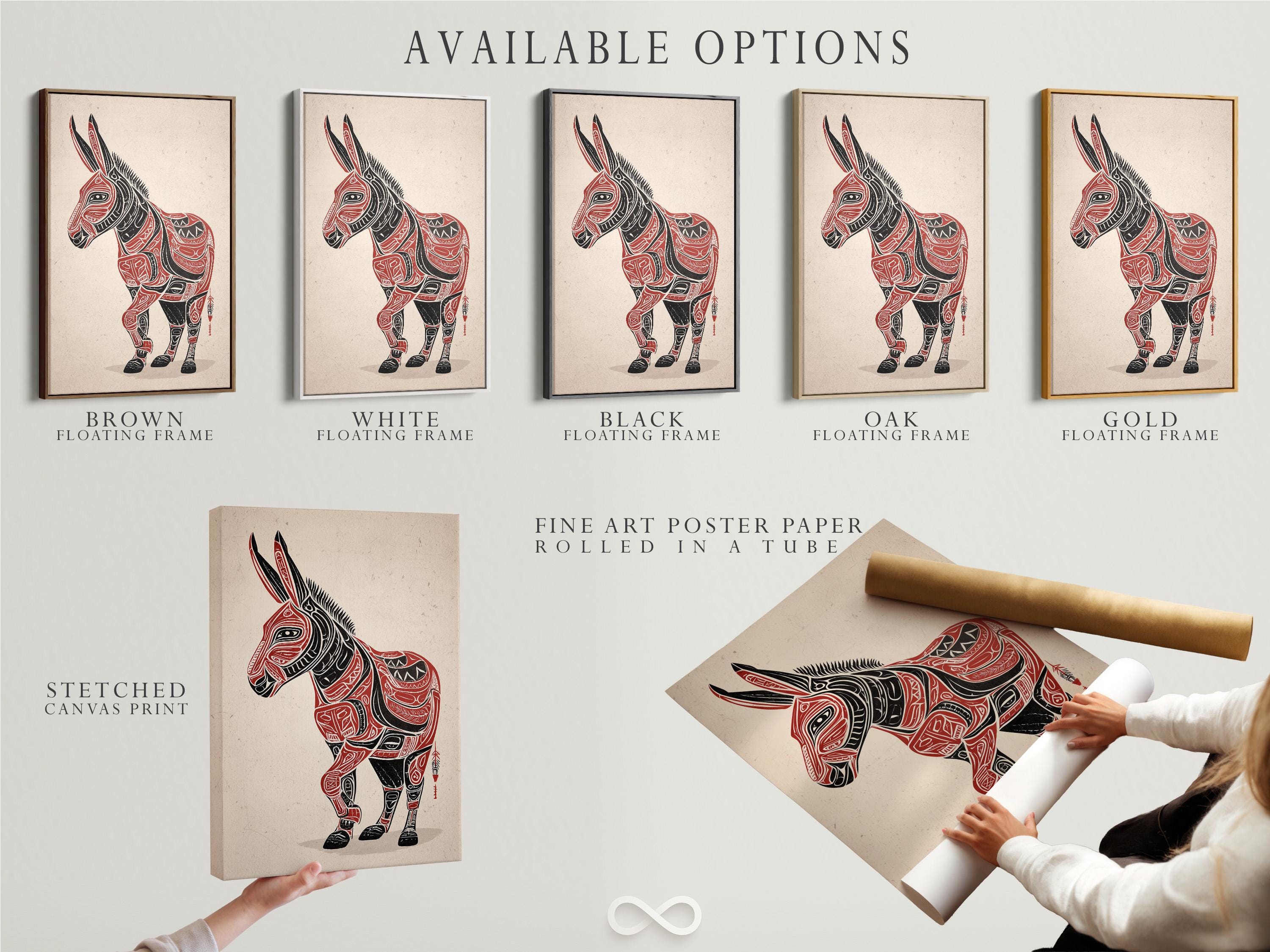 Stylised donkey illustration in black and red with patterned line details on an off-white textured background detail view