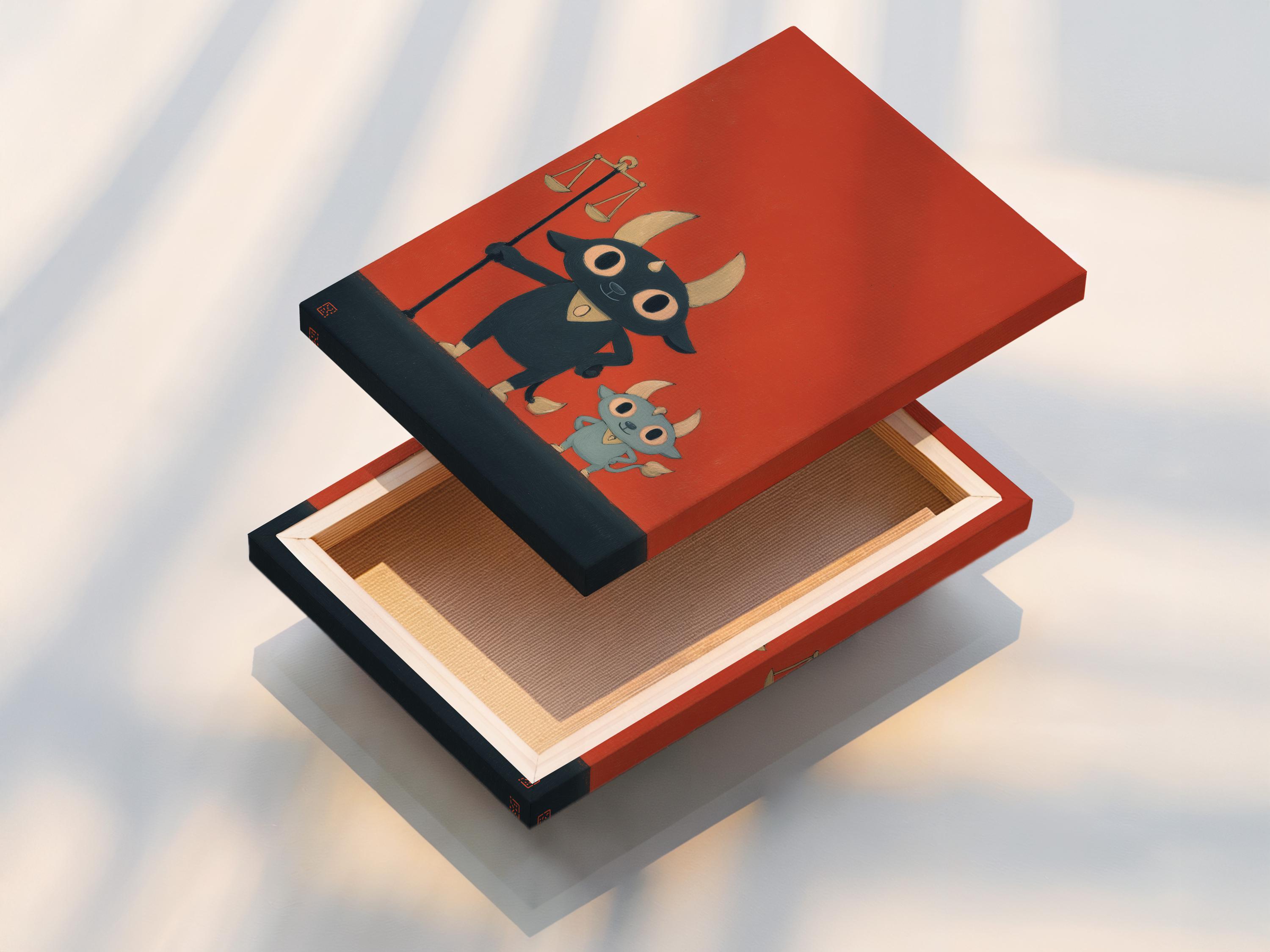 Cartoon bull character holding balancing scales on a coral-red background detail view