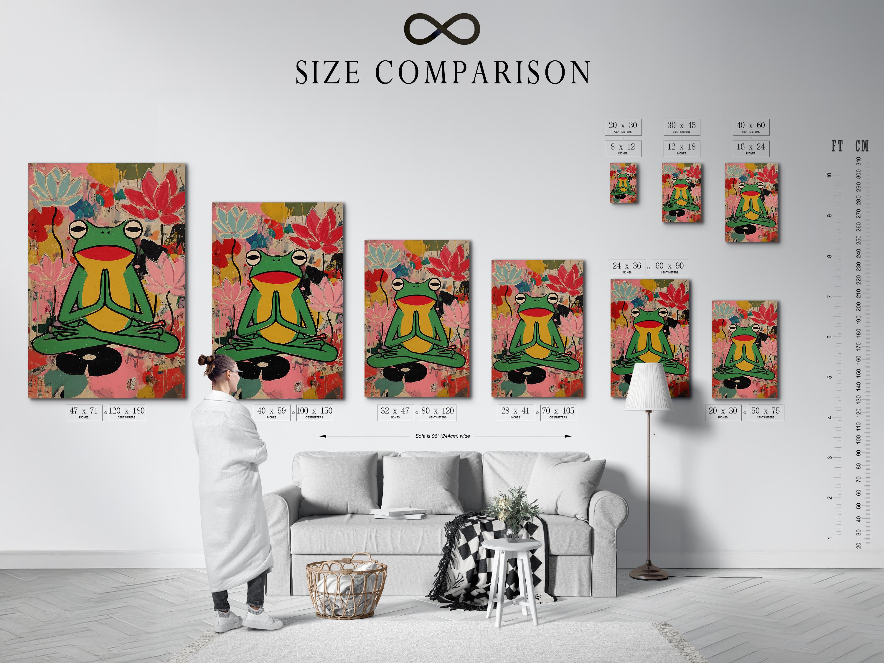 Stylised green frog meditating with pink lotus flowers in a colourful collage background detail view