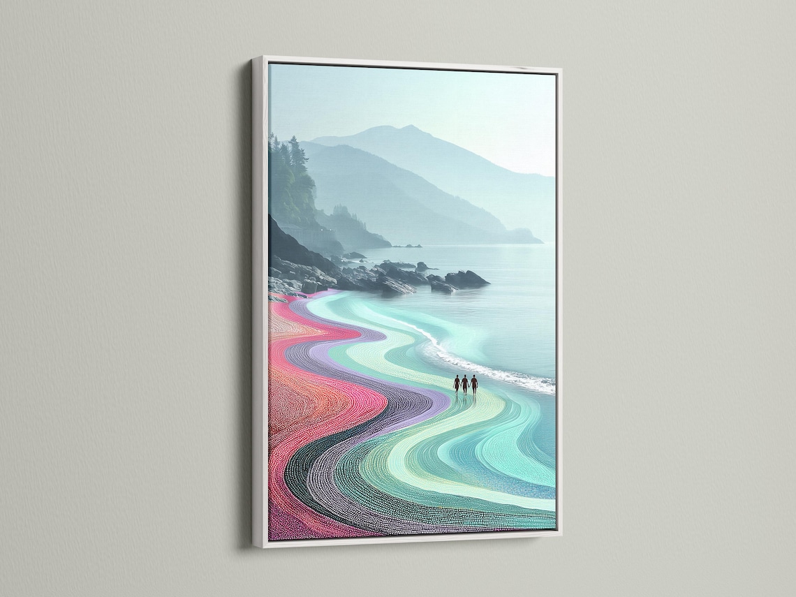 Colourful coastal seascape with turquoise ocean, winding dotted beach and misty hills detail view