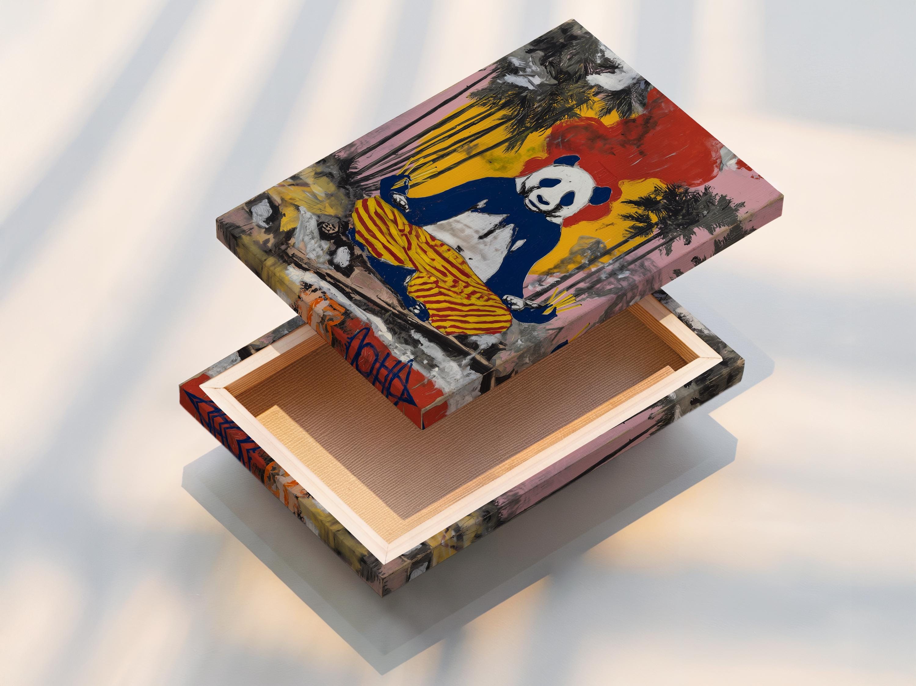 Portrait artwork featuring a seated panda with a yellow and red striped cushion and graffiti-style colours detail view