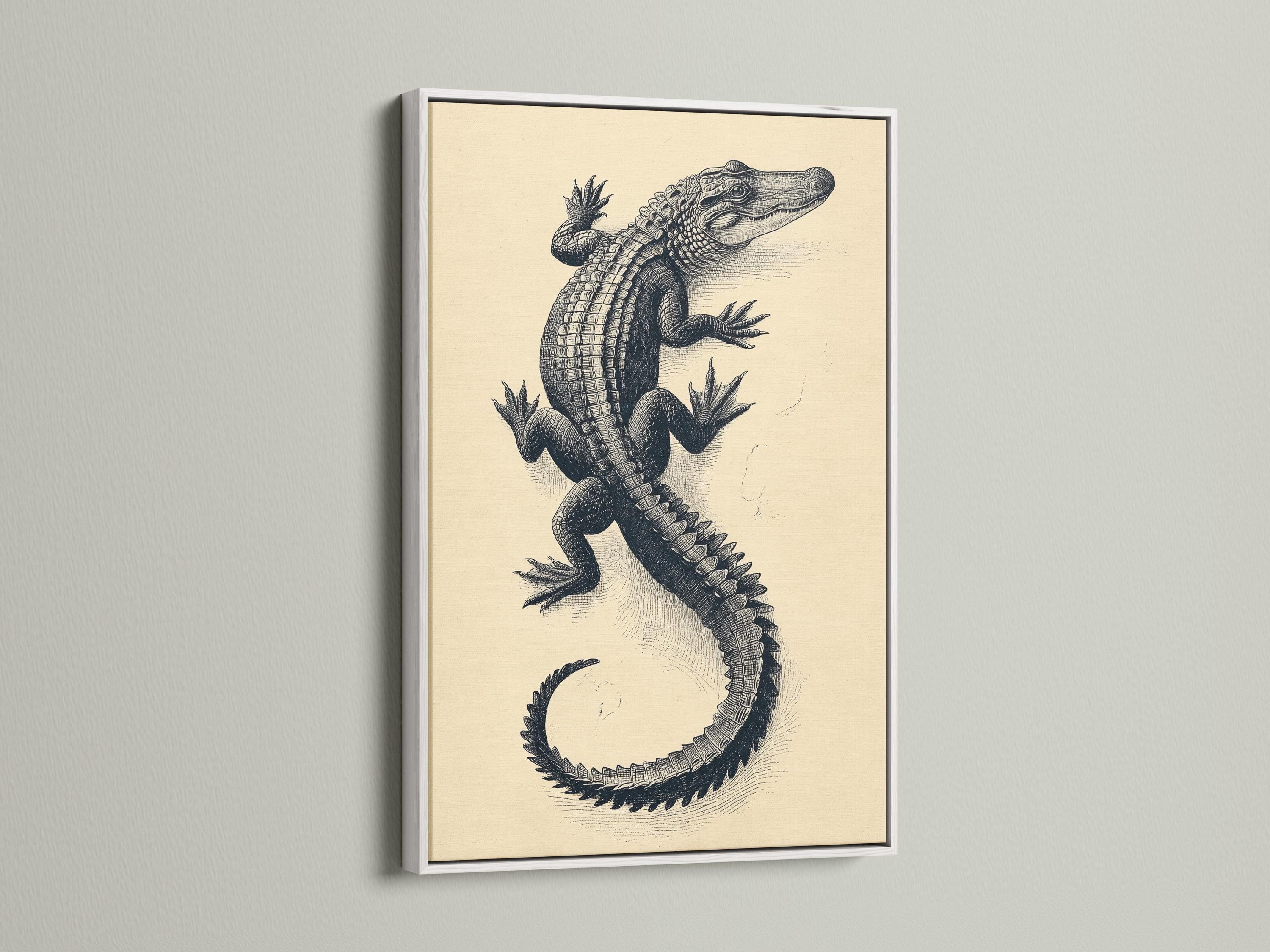 Room mockup showing framed alligator illustration above a wooden desk