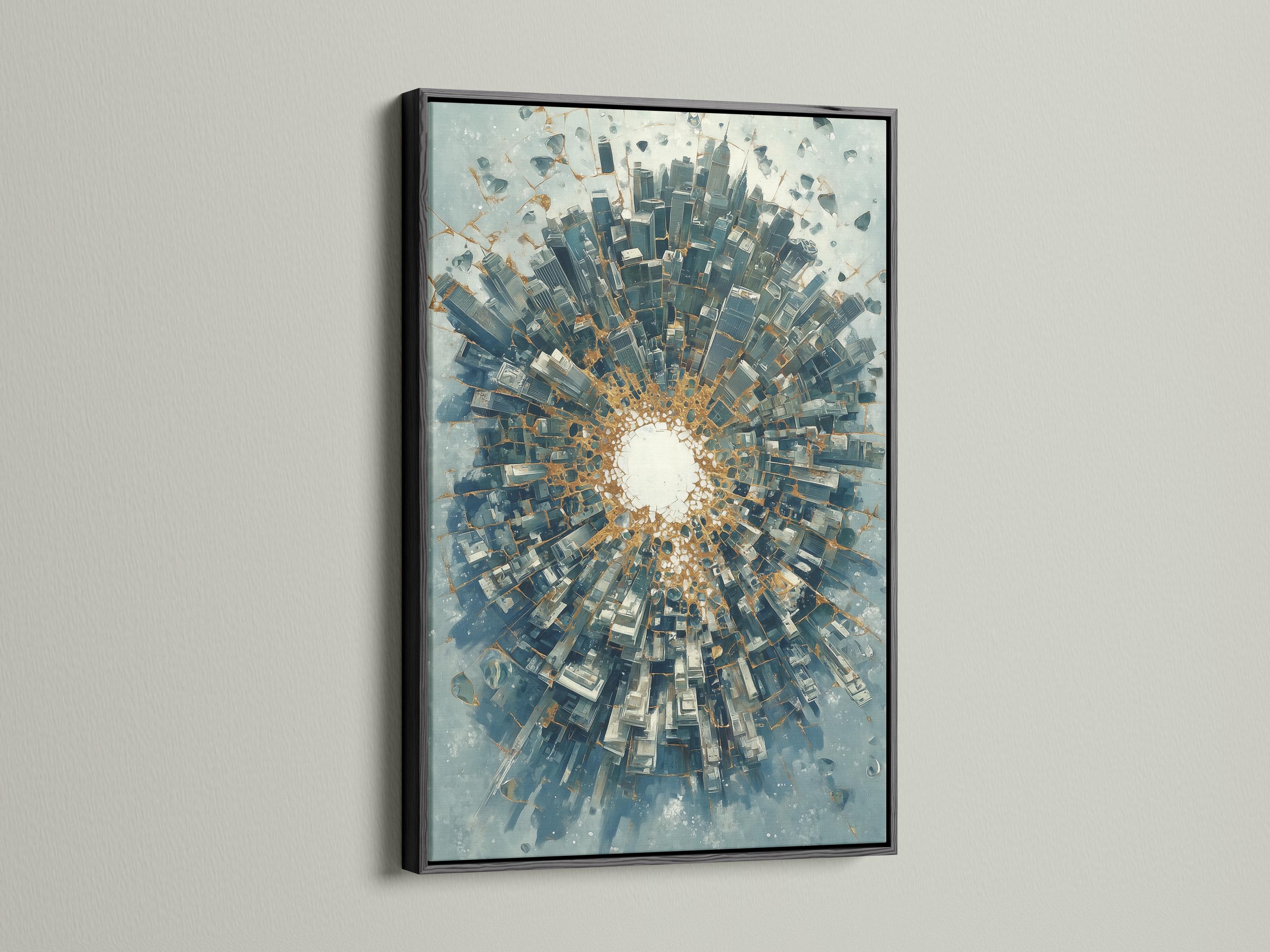Abstract city tunnel artwork with radiating blue-grey buildings and warm gold accents detail view