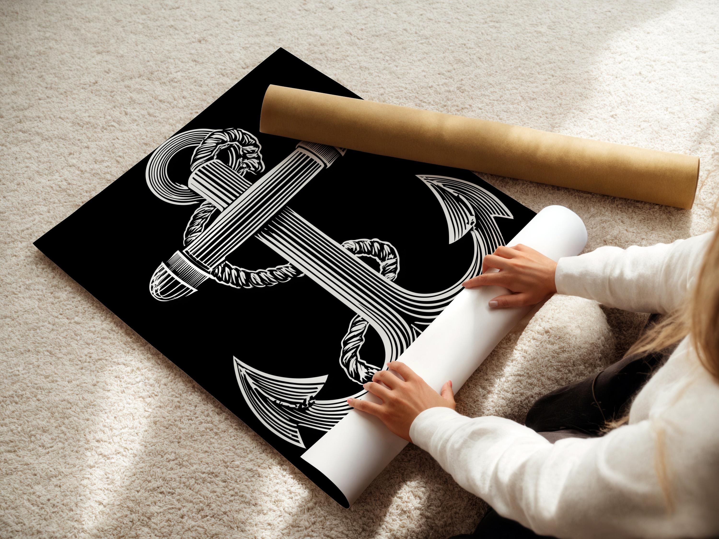 Black and white anchor line art with a profile figure and circular ring halo detail view