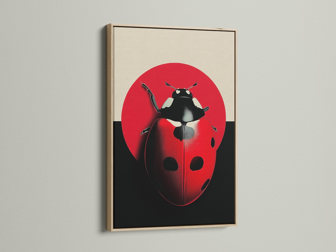 Room mockup showing a framed ladybug artwork on a light wall