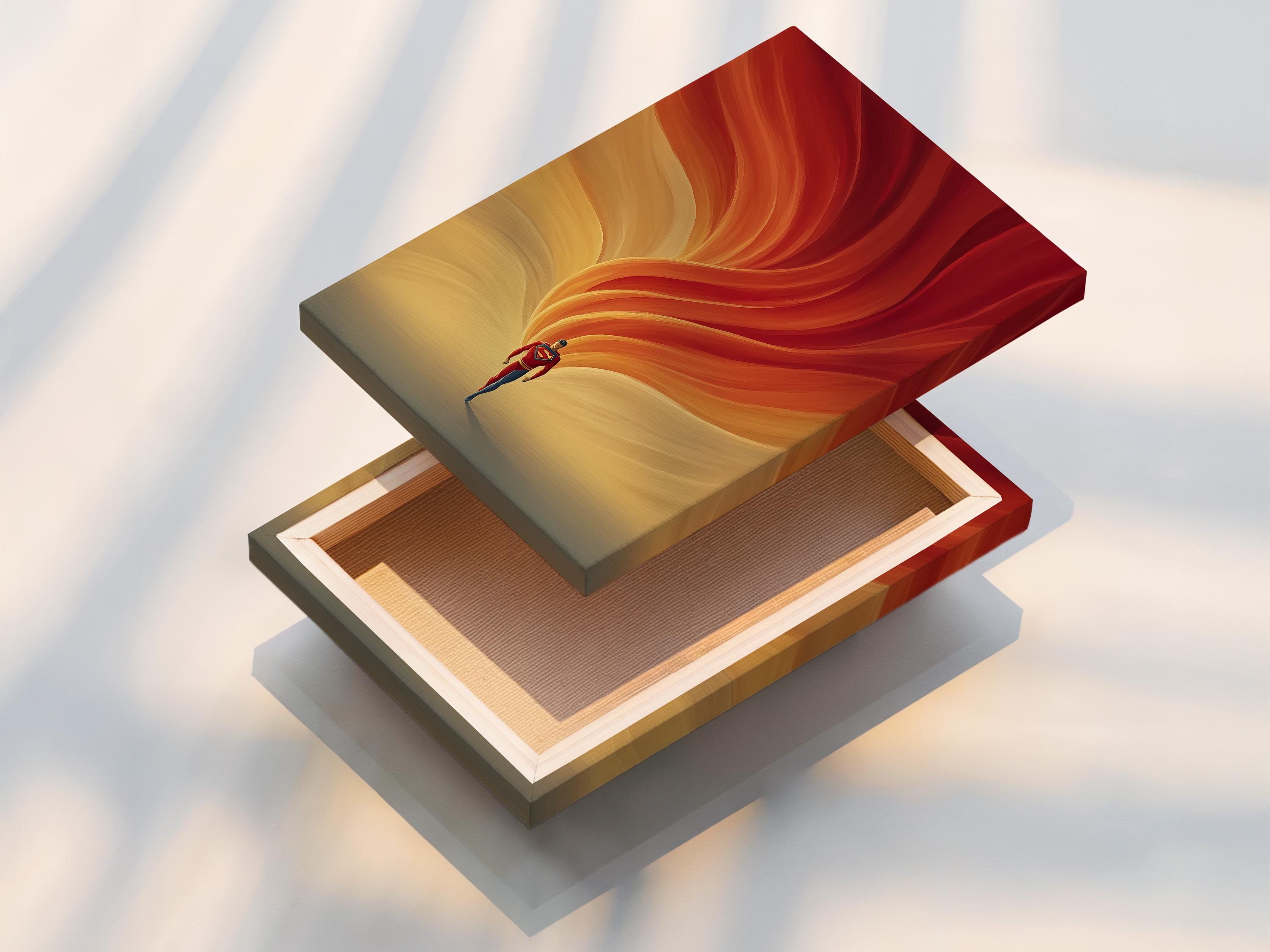 Portrait artwork of a red and blue superhero under warm orange and red energy swirls detail view