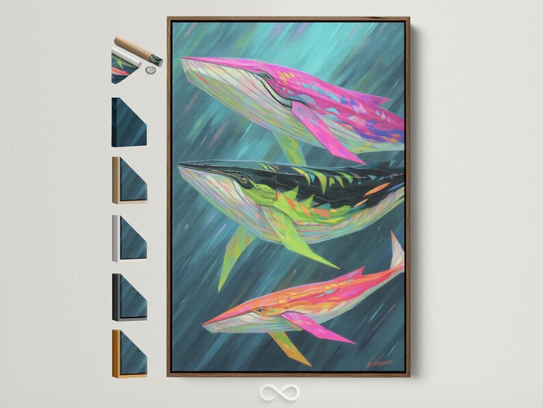 Stylised whales swimming in a teal ocean with bright pink, green and yellow fins