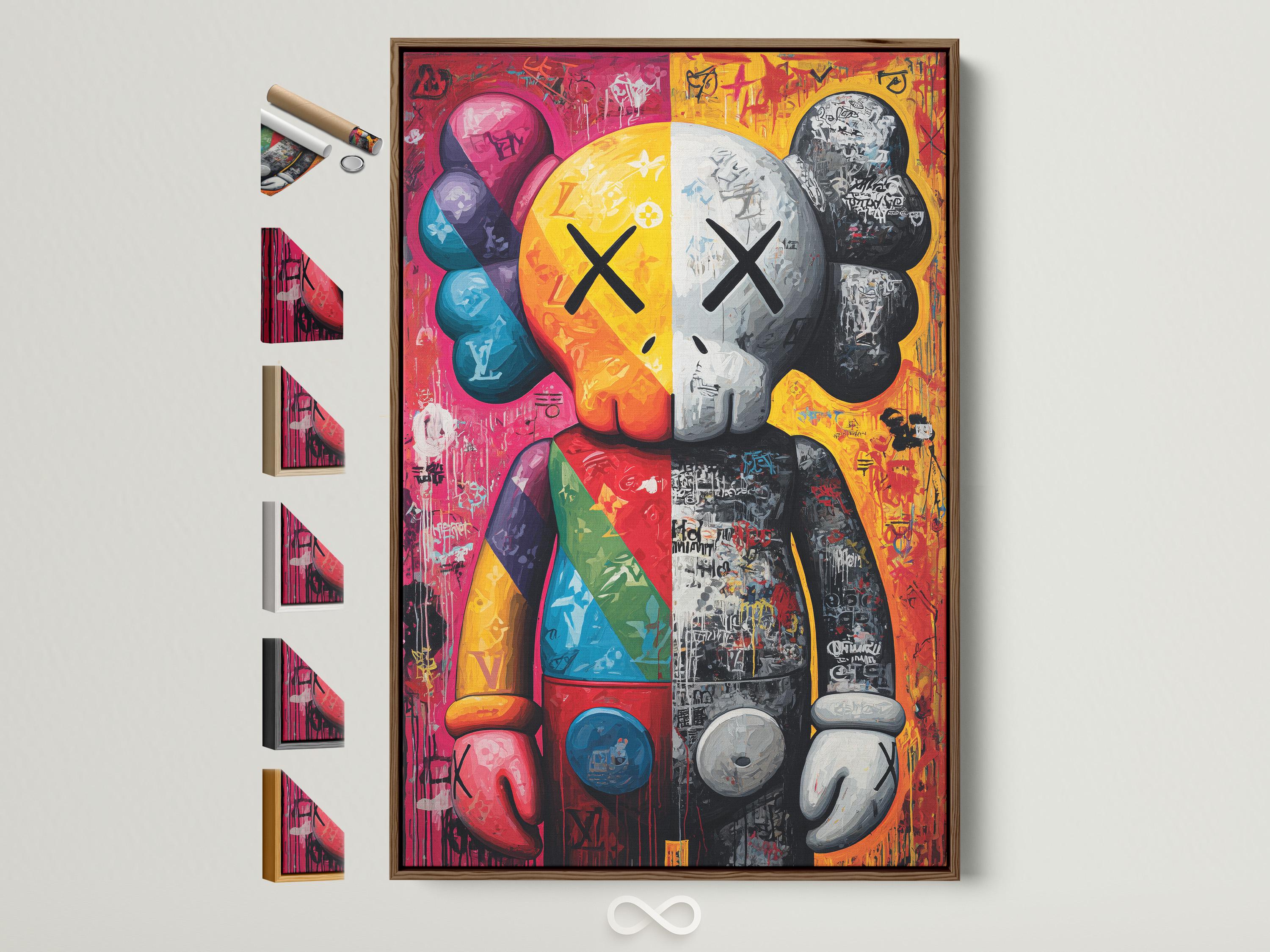 Vibrant graffiti pop art portrait with hot pink, yellow, blue and black-and-white sections detail view