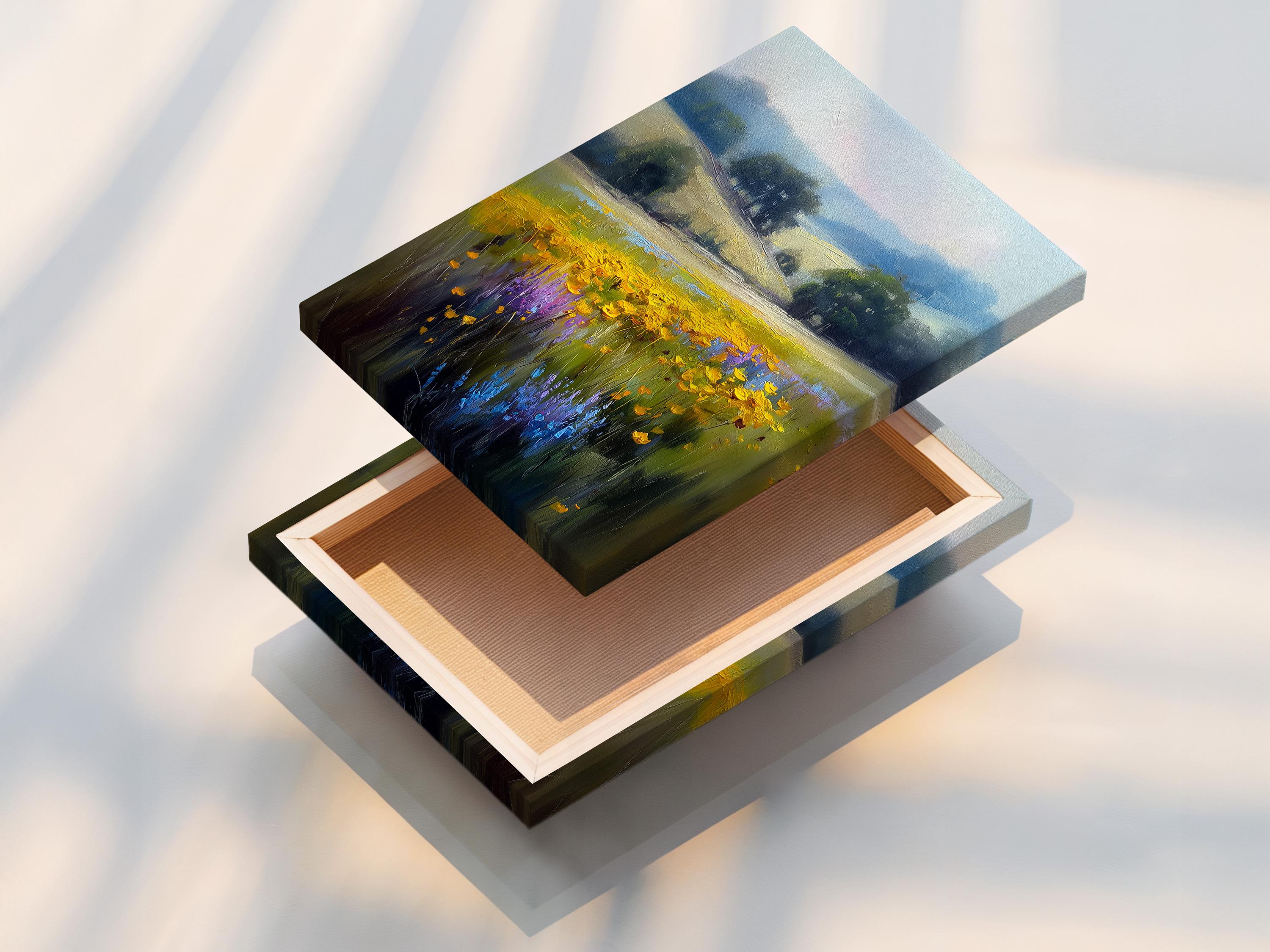 Impressionist meadow landscape with yellow flowers, green grasses and a blue cloudy sky detail view