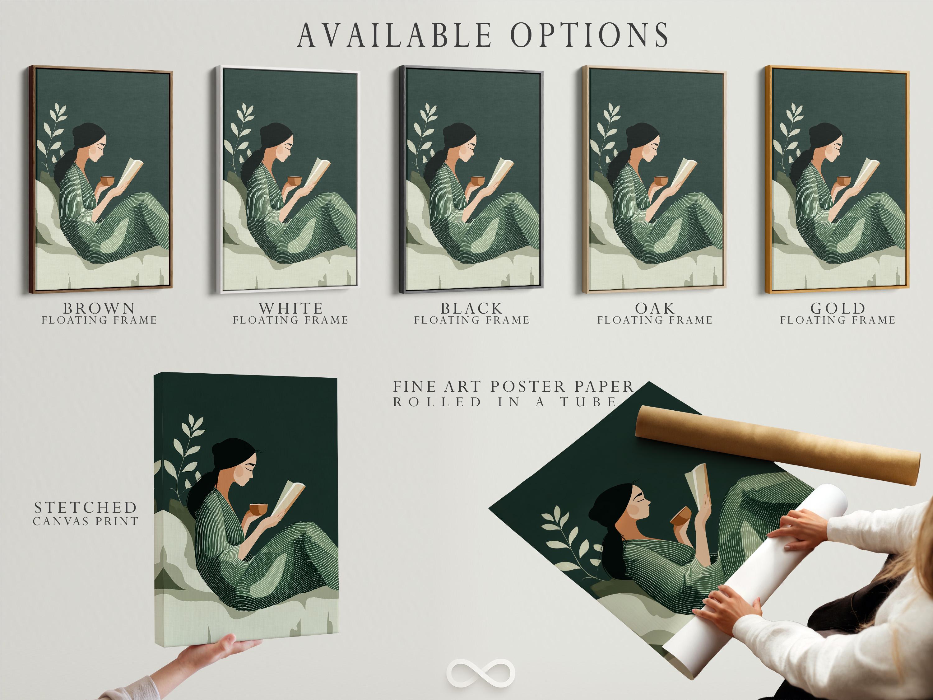 Room mockup showing a framed sage green botanical reading illustration on a wall