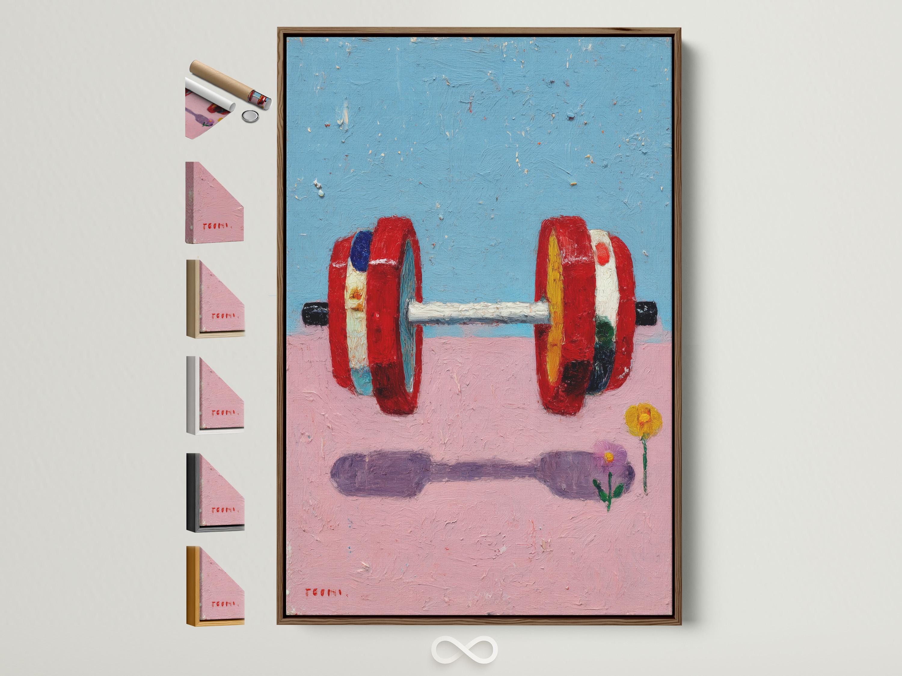 A framed abstract painting shows a brightly coloured weight barbell on a blue-and-pink background with small scattered speckles and a minimal flower