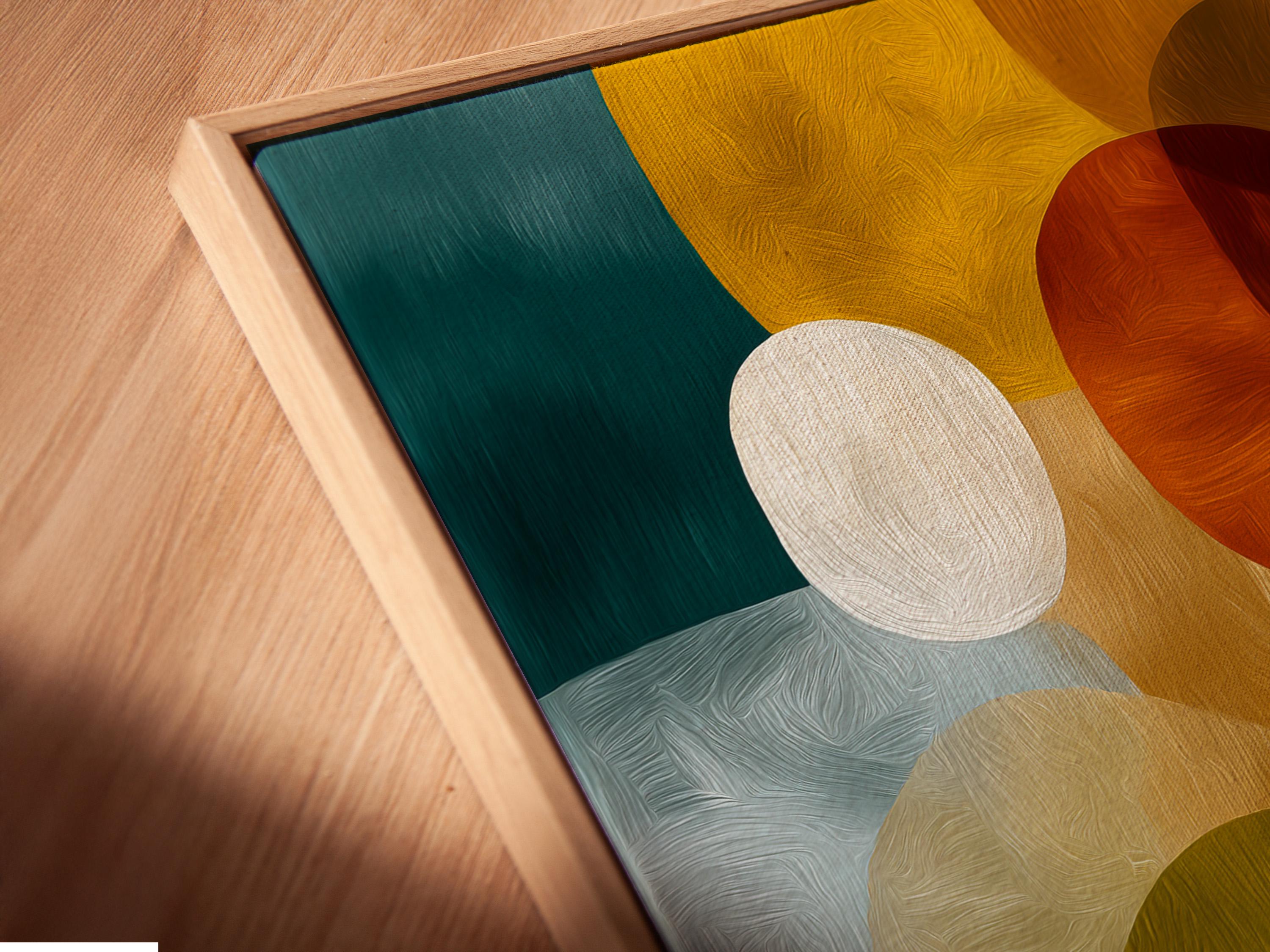 Abstract artwork with overlapping circles and oval shapes in teal, mustard yellow, orange and red detail view