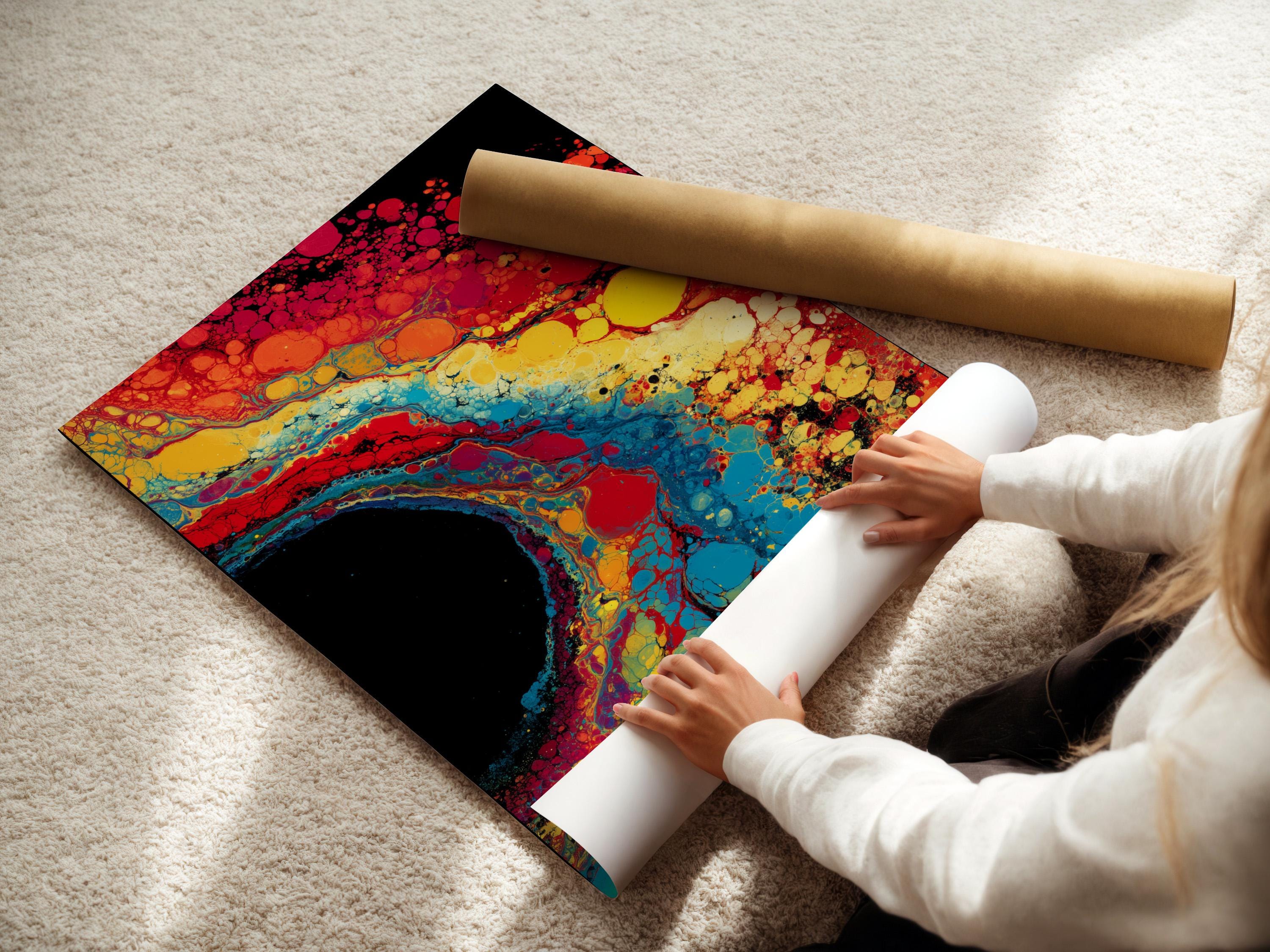 Fluid abstract artwork with red, blue, yellow and black bubble-like cells detail view