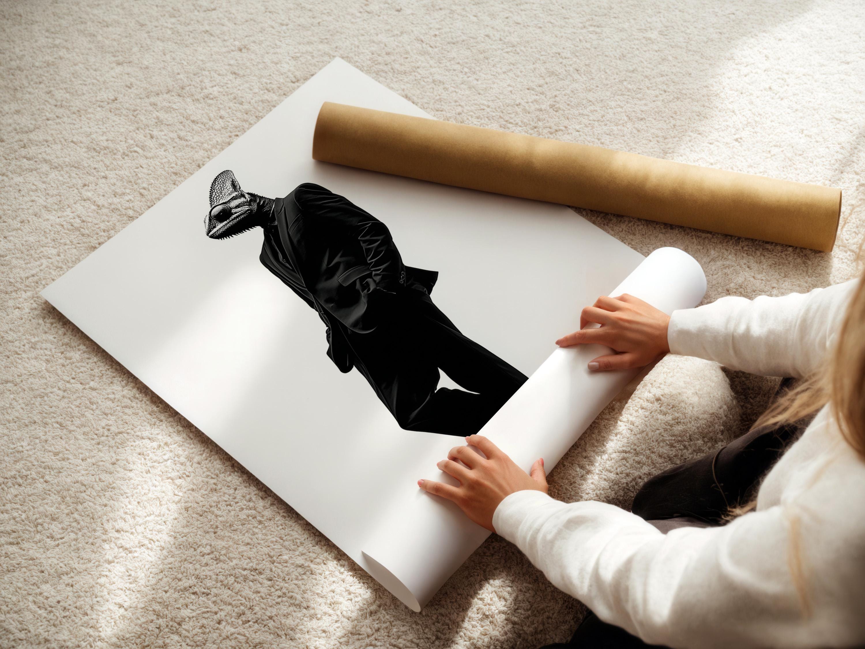 A monochrome chameleon head and suited figure walk in profile against a bright white background, rendered in high-contrast ink-like detail detail view
