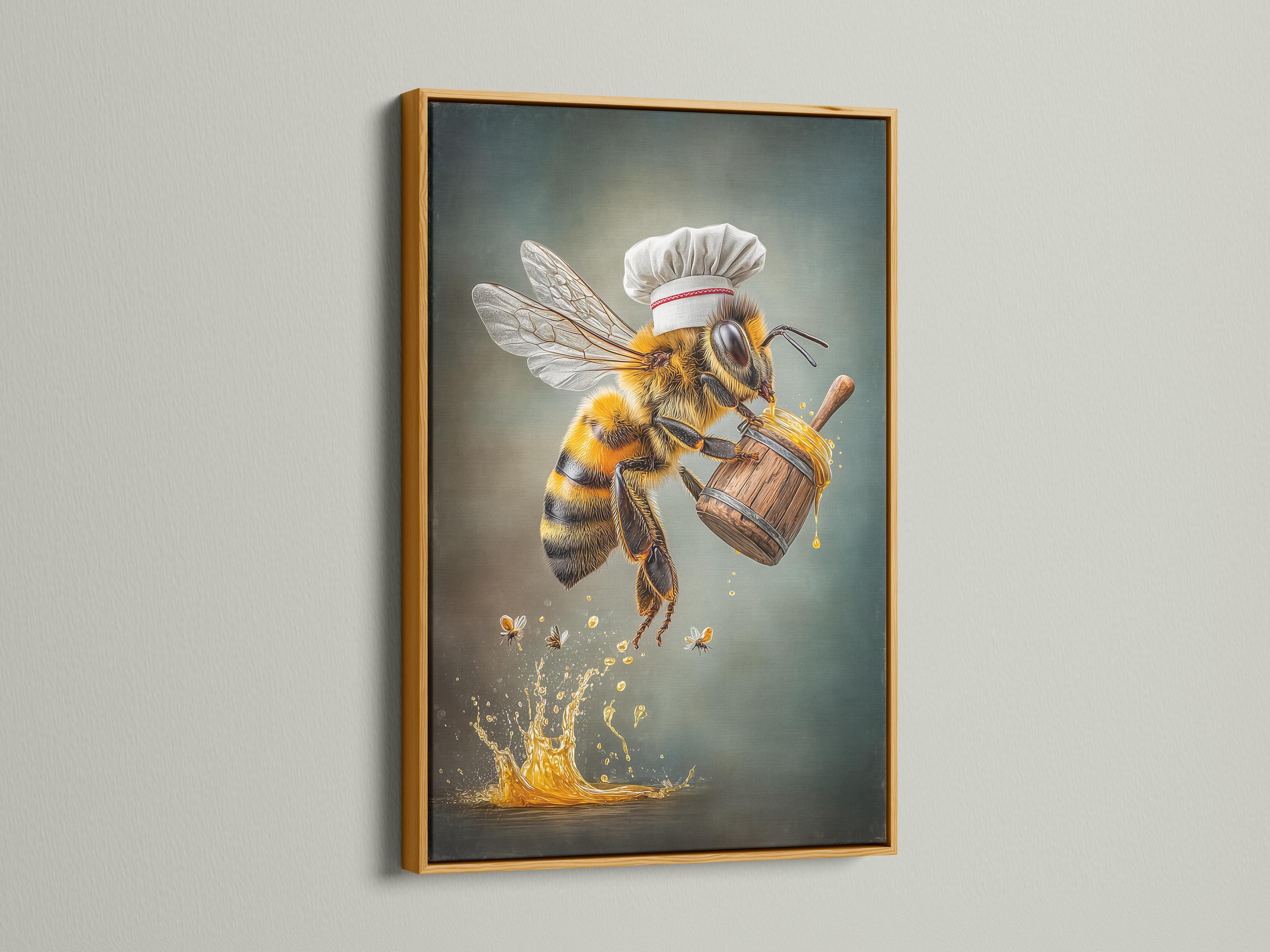 A painterly bee chef stands above a golden honey splash, holding a wooden barrel-like container and wearing a white hat, on a teal-grey background