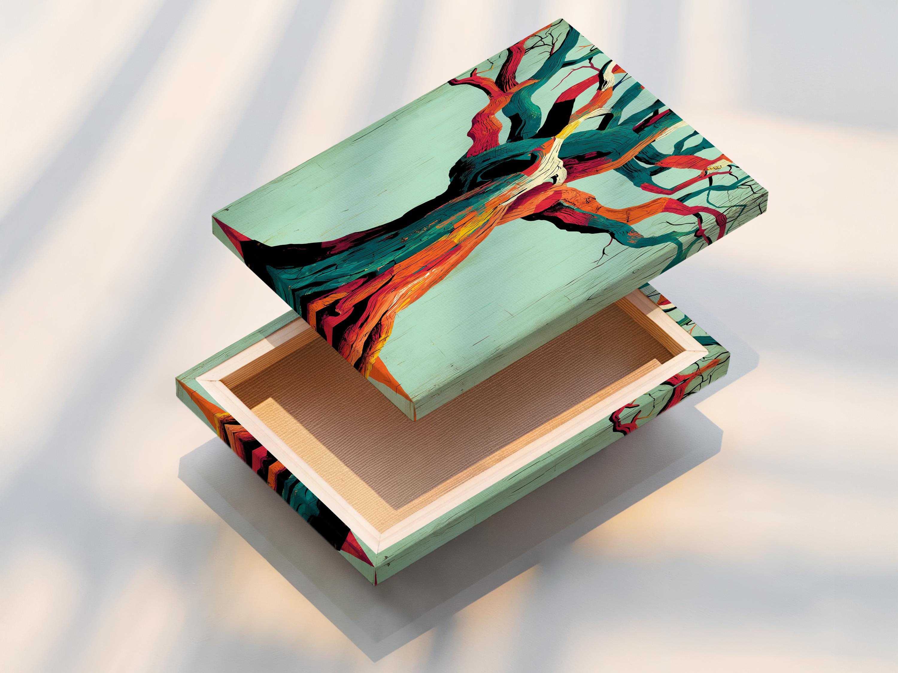 Stylised abstract tree with teal, orange and magenta branches on a pale mint background detail view