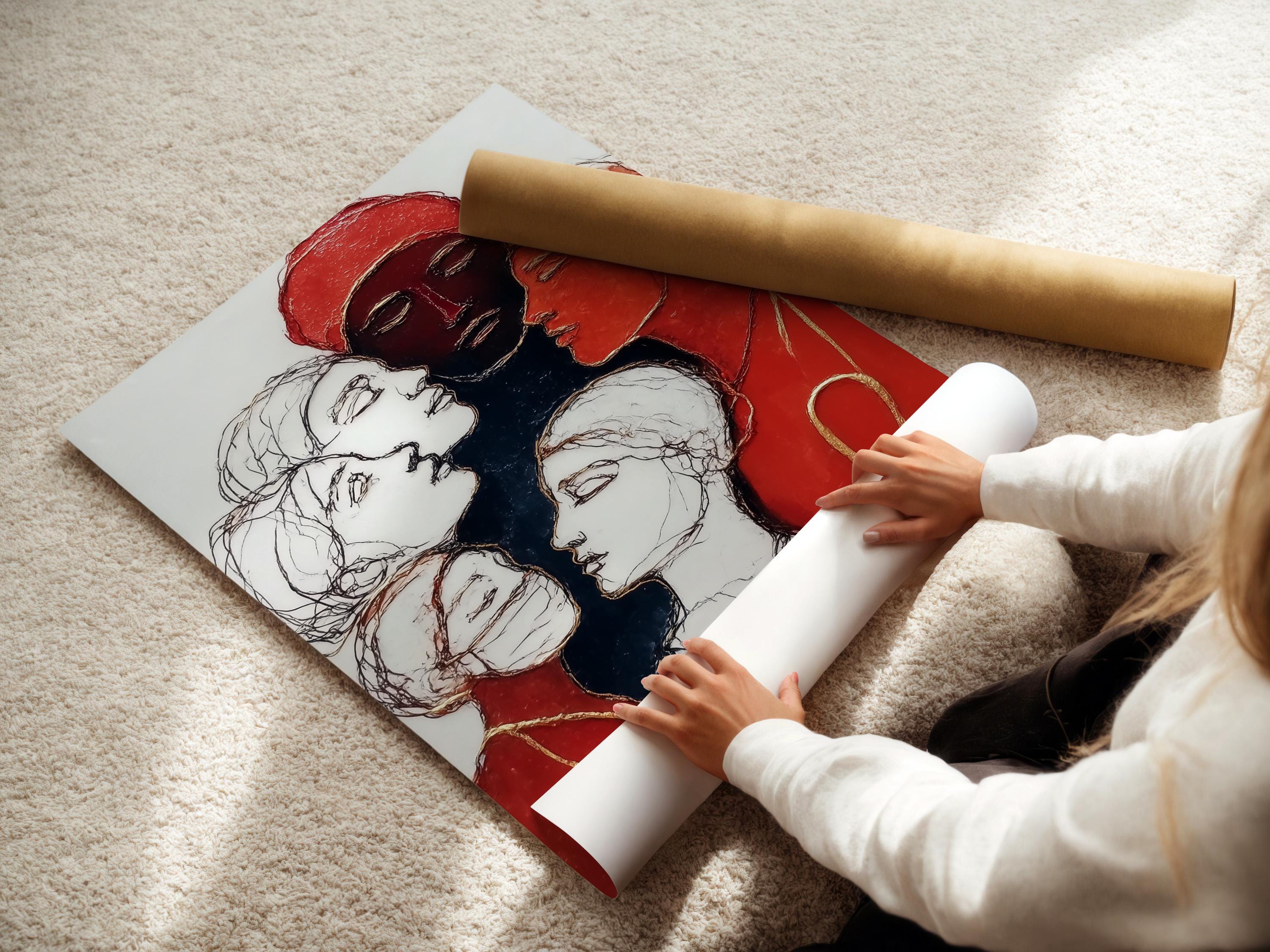 Red and gold women portrait illustration with overlapping faces and headscarves detail view