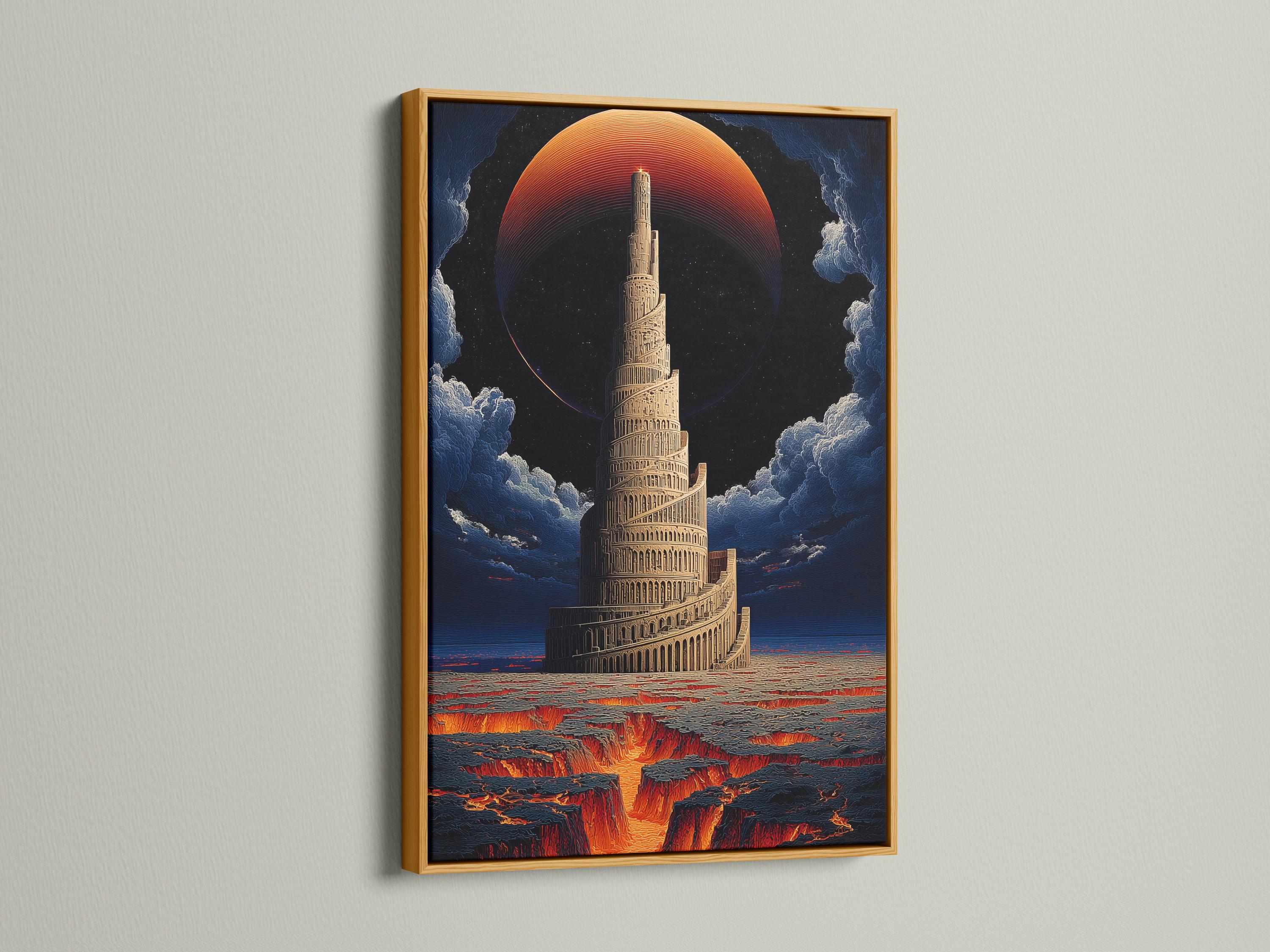 Surreal tall tower artwork with a red-orange sun, clouds, and a lava-like landscape detail view
