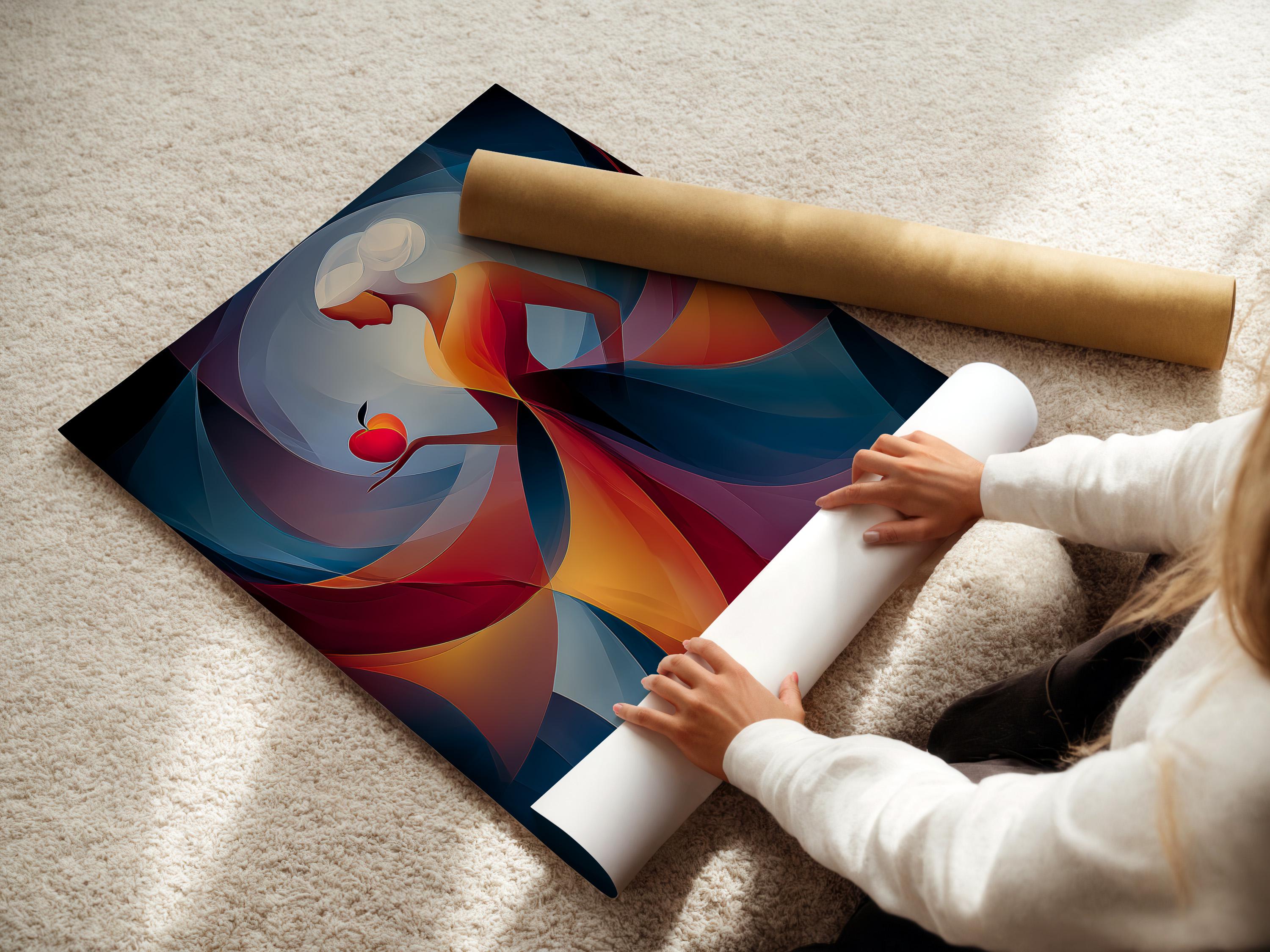 Abstract woman holding a red apple with layered blue, teal and purple curved shapes detail view