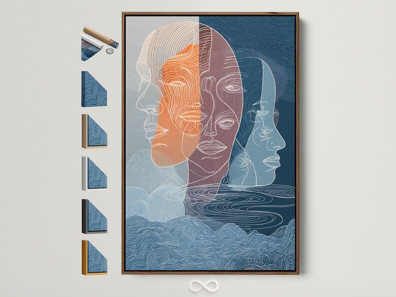 A pair of abstract line-illustrated faces fills the centre, layered in indigo, teal and warm terracotta/orange with flowing contour lines