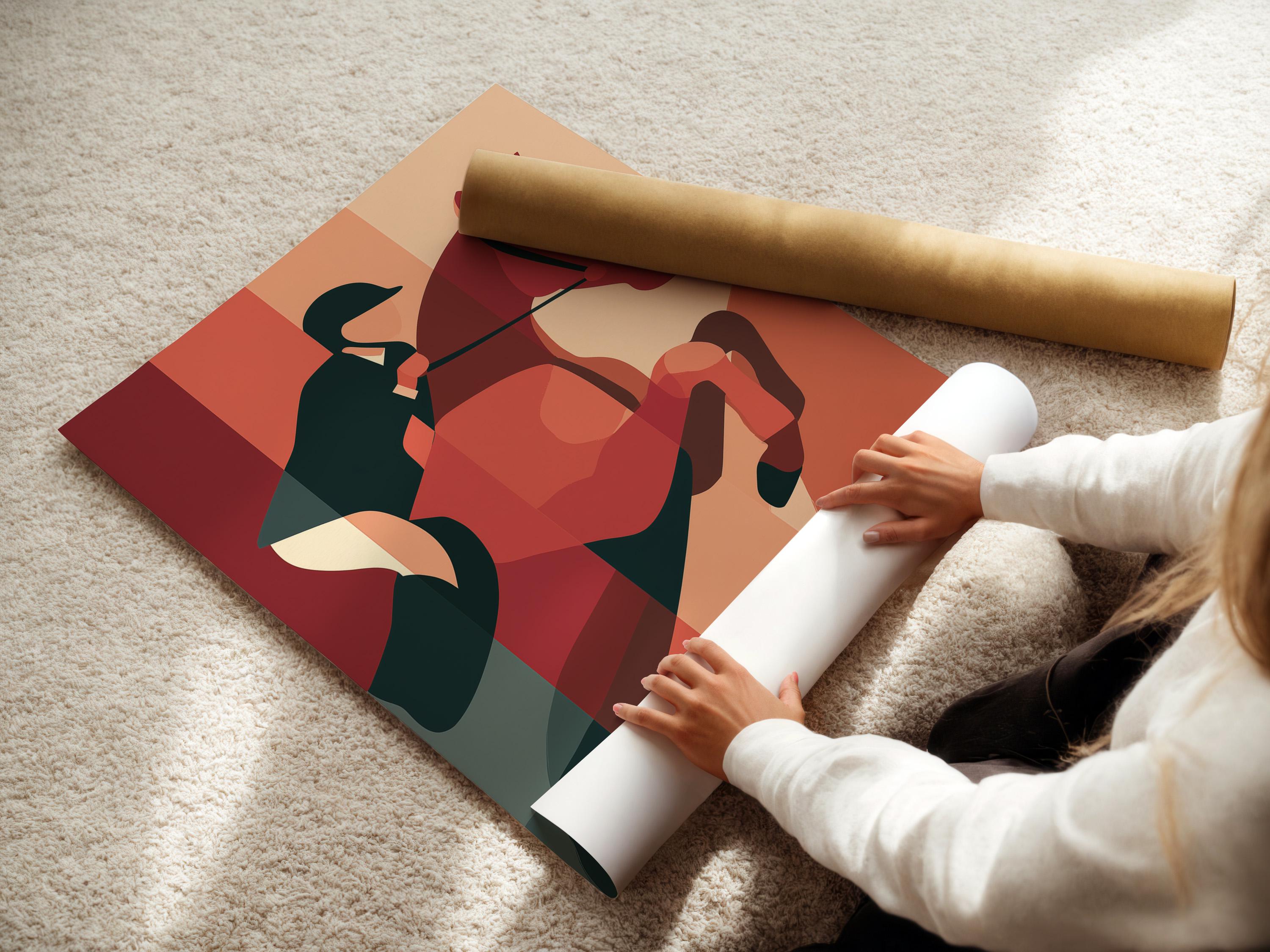 Geometric horse artwork with terracotta, pink and teal blocks detail view