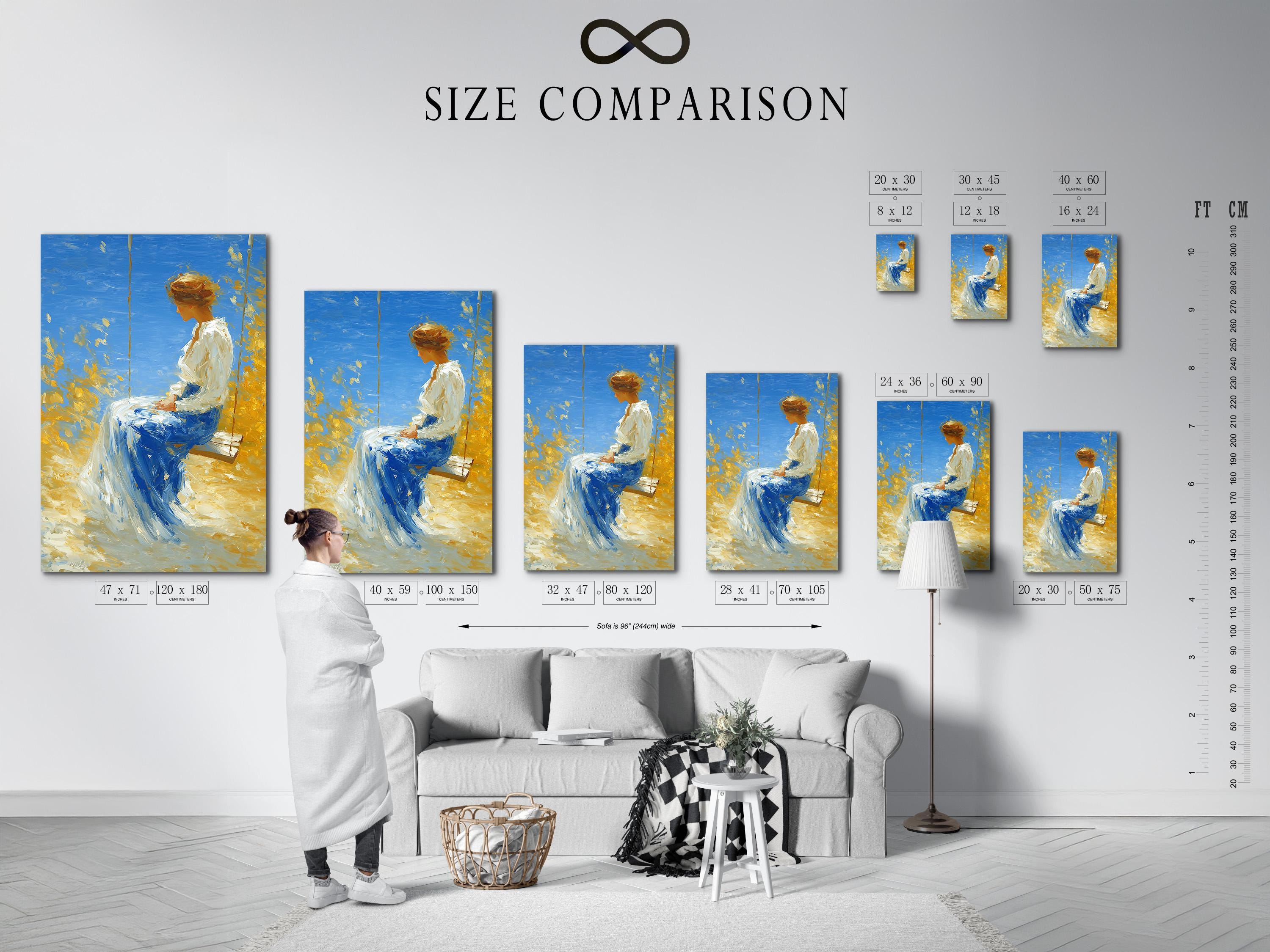 Painterly woman on a swing in blue and gold tones under a bright sky detail view