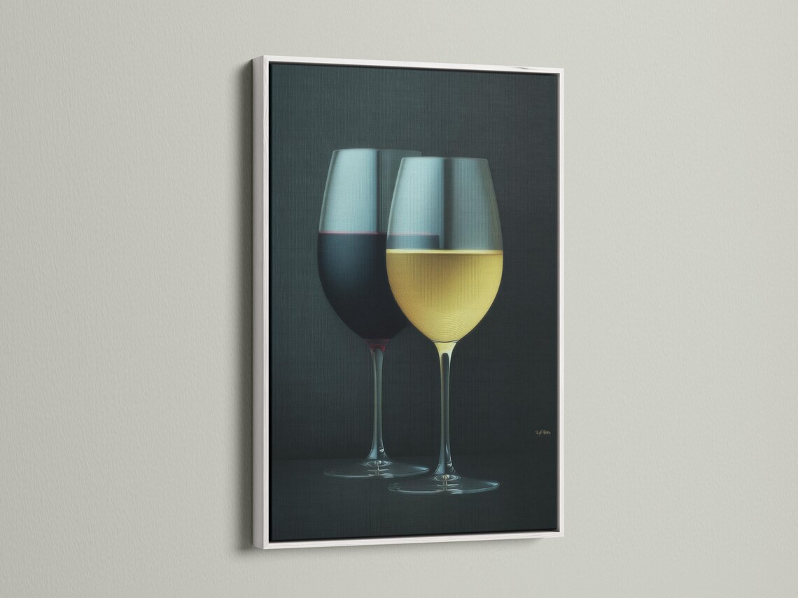 Two wine glasses with red and pale yellow drinks on a dark textured background detail view