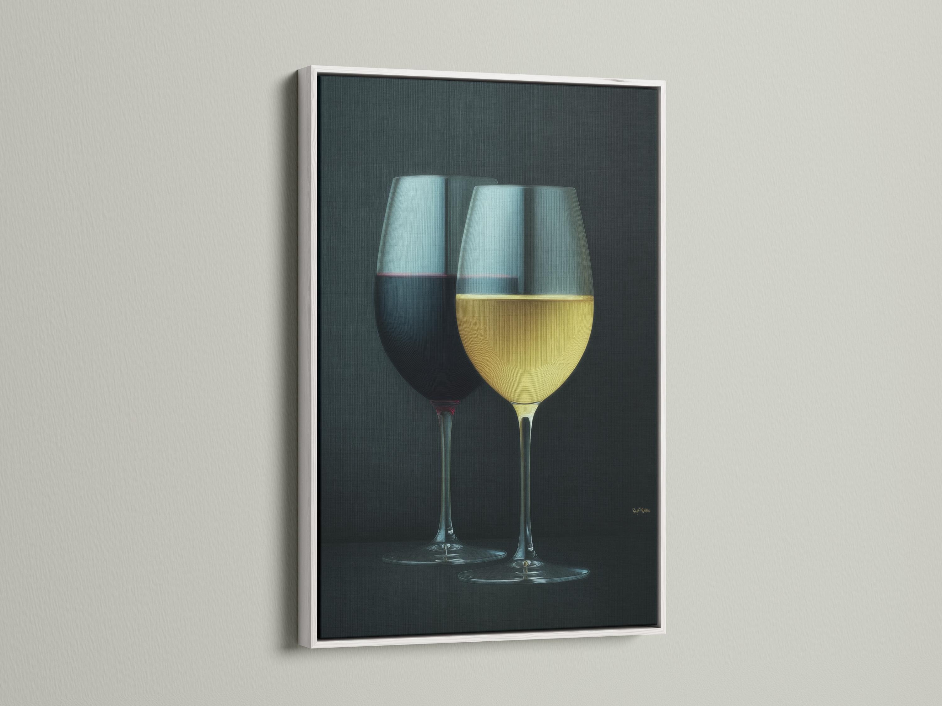 Two wine glasses with red and pale yellow drinks on a dark textured background detail view