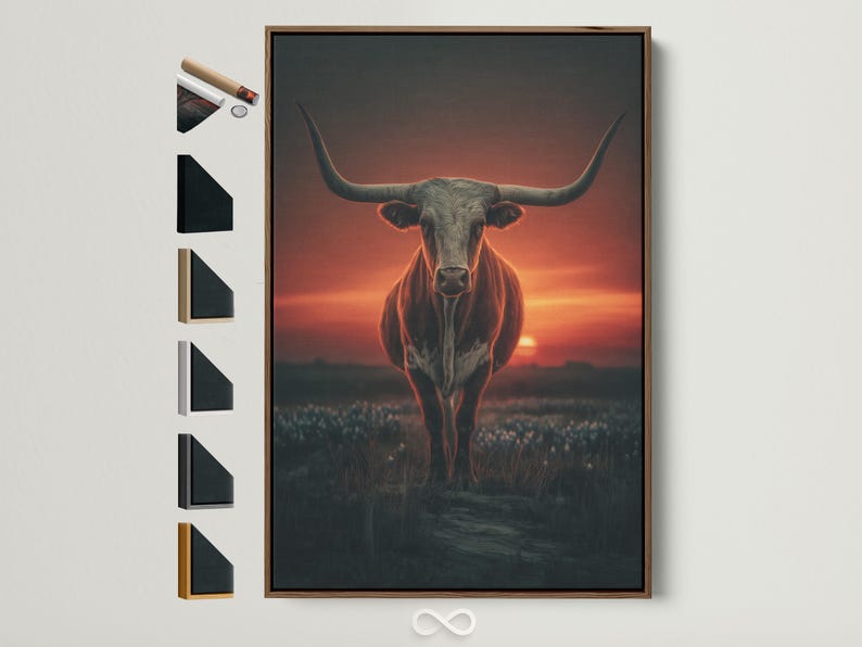 Longhorn bull facing forward against a glowing orange sunset sky