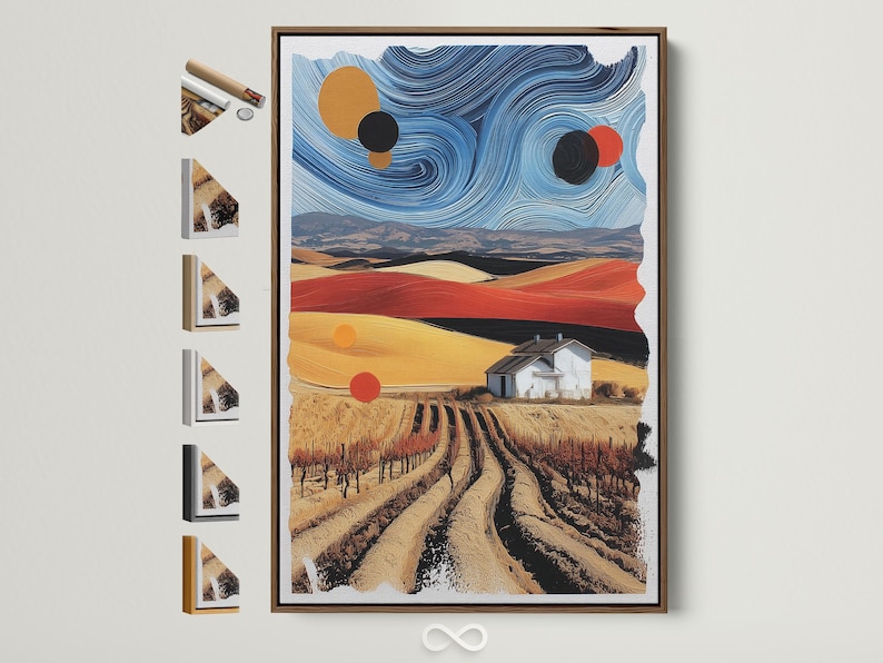 Stylised countryside landscape with ochre fields, a farmhouse, and a swirling blue sky with circular accents