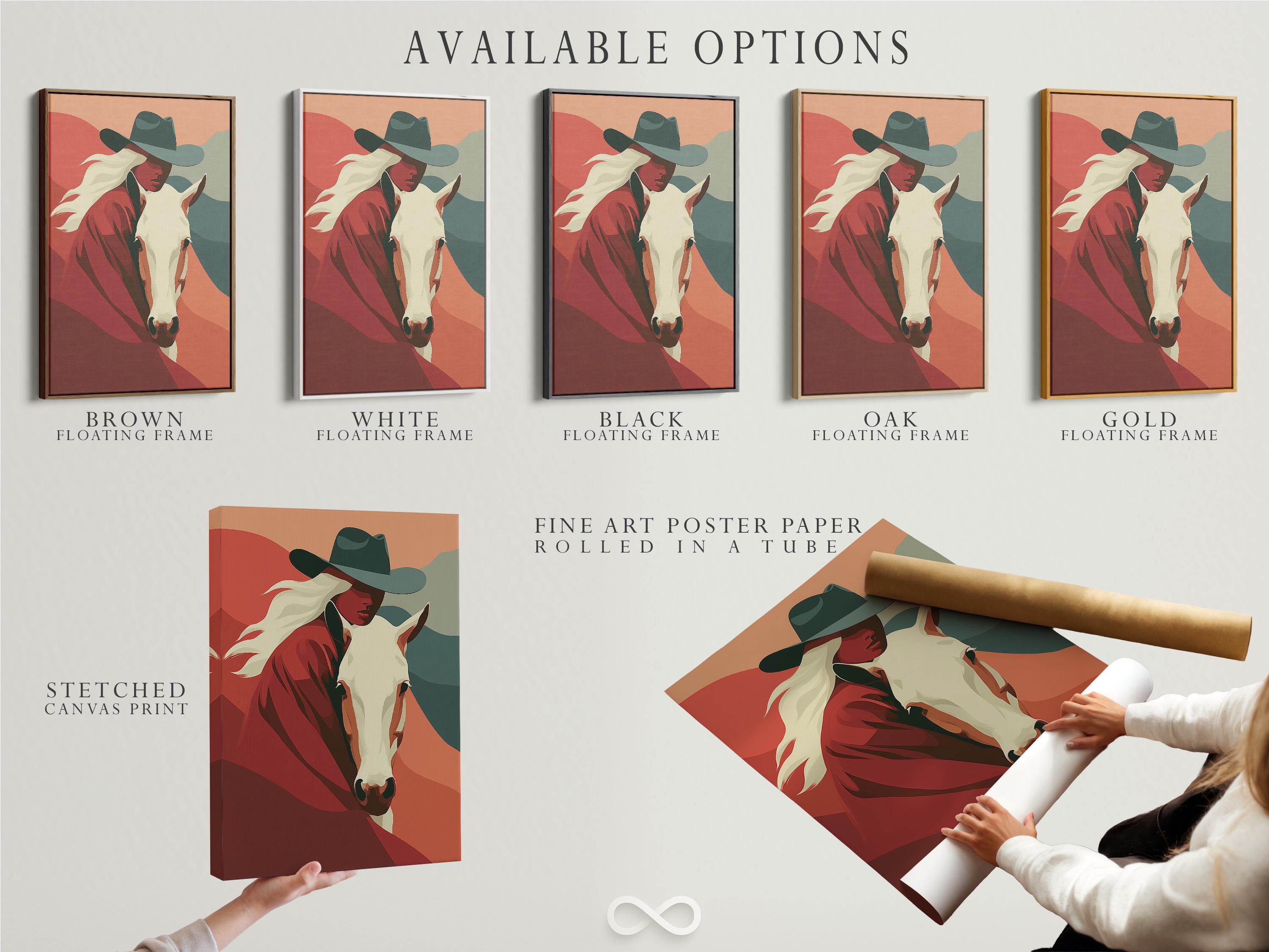 Stylised cowgirl and horse portrait with terracotta and red tones and muted teal accents detail view