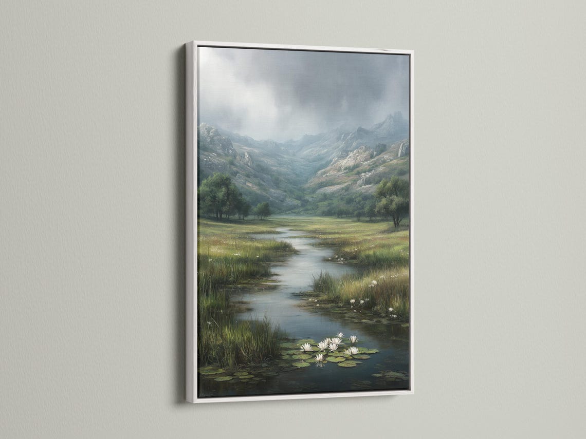 Painterly landscape of a river valley with misty mountains and lily pads with white flowers detail view