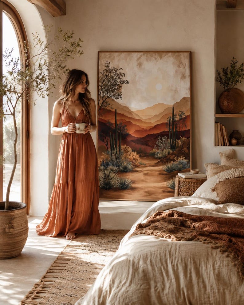 Warm desert landscape artwork with layered mountains, pale sun, and cactus-like plants