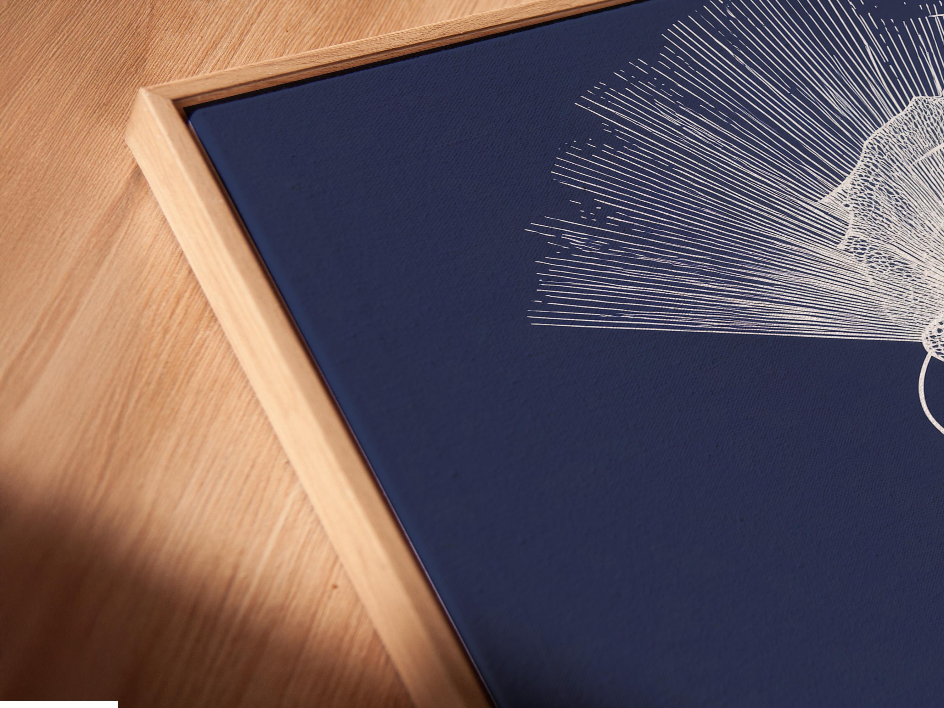 Minimalist white line portrait of a woman in profile on a navy blue background with radiating halo strokes detail view