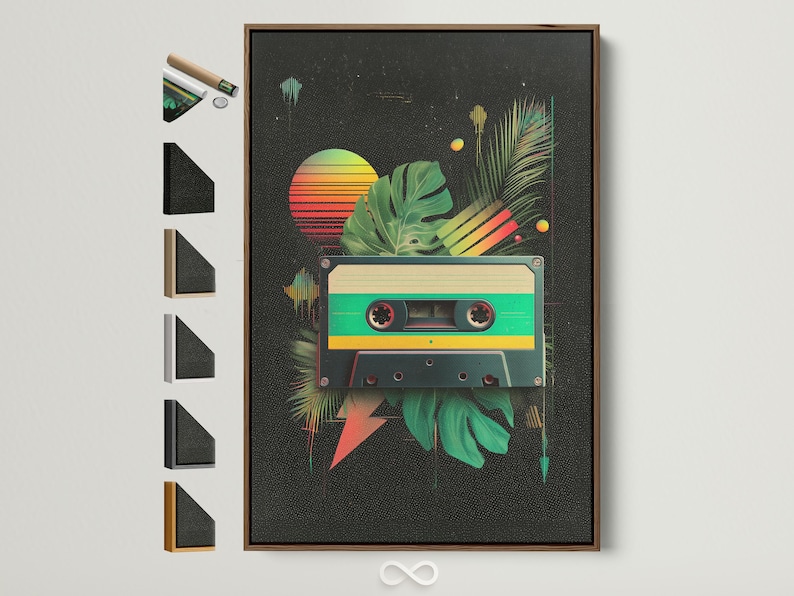 Retro cassette tape with tropical green leaves, neon stripes and floating orbs on a dark speckled background