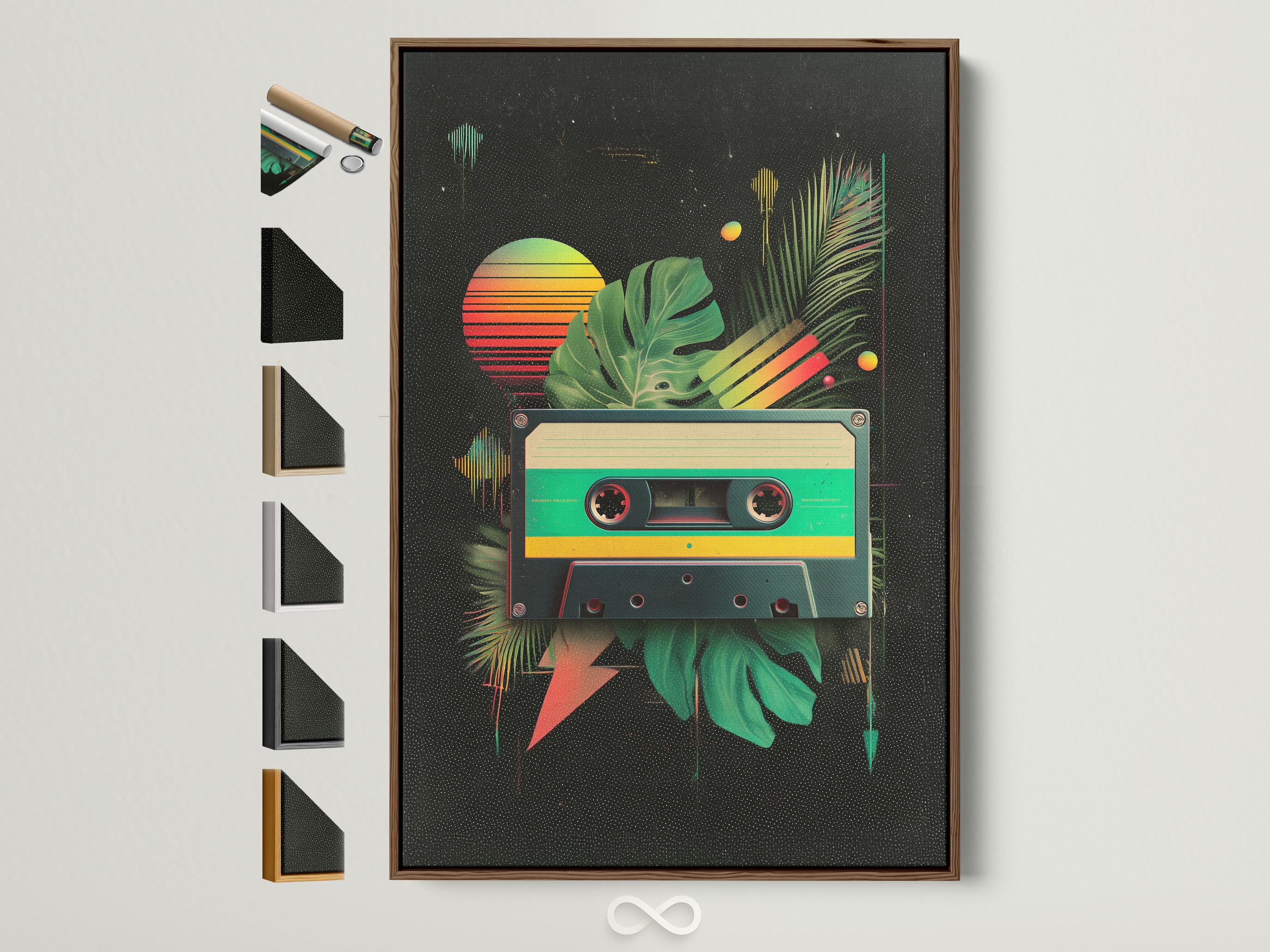 Retro cassette tape with tropical green leaves, neon stripes and floating orbs on a dark speckled background