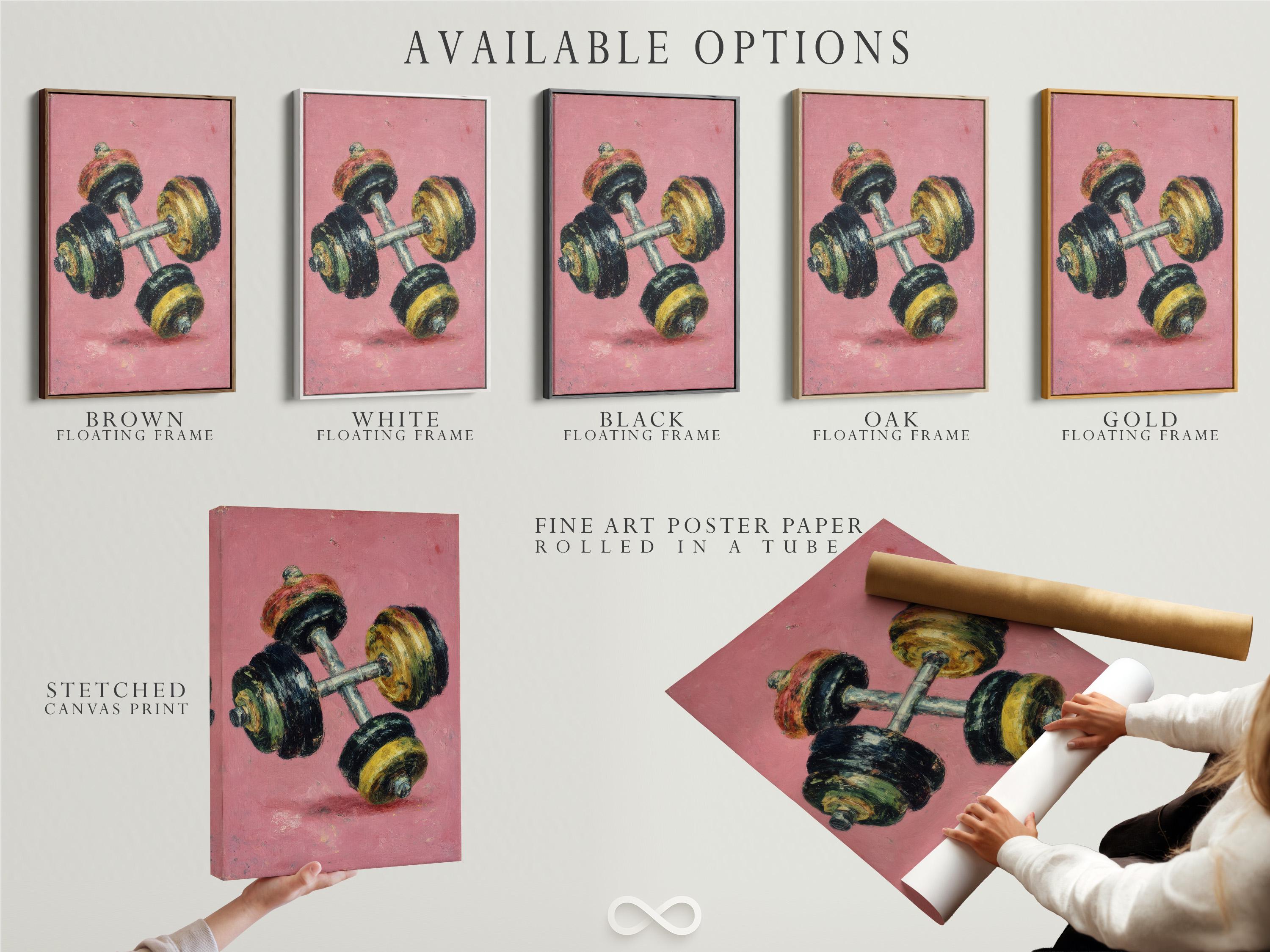 Wall mockup showing a retro dumbbell artwork on a pink textured background