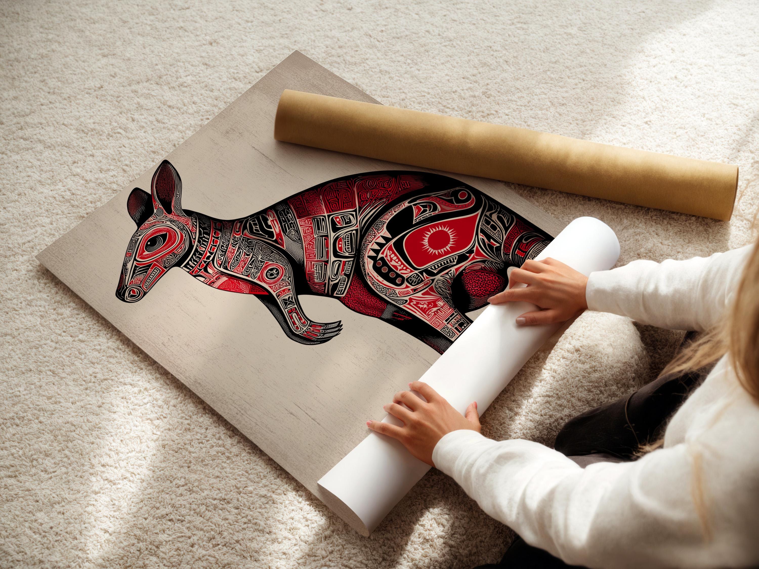 Stylised kangaroo illustration in black and red with detailed tribal patterns detail view