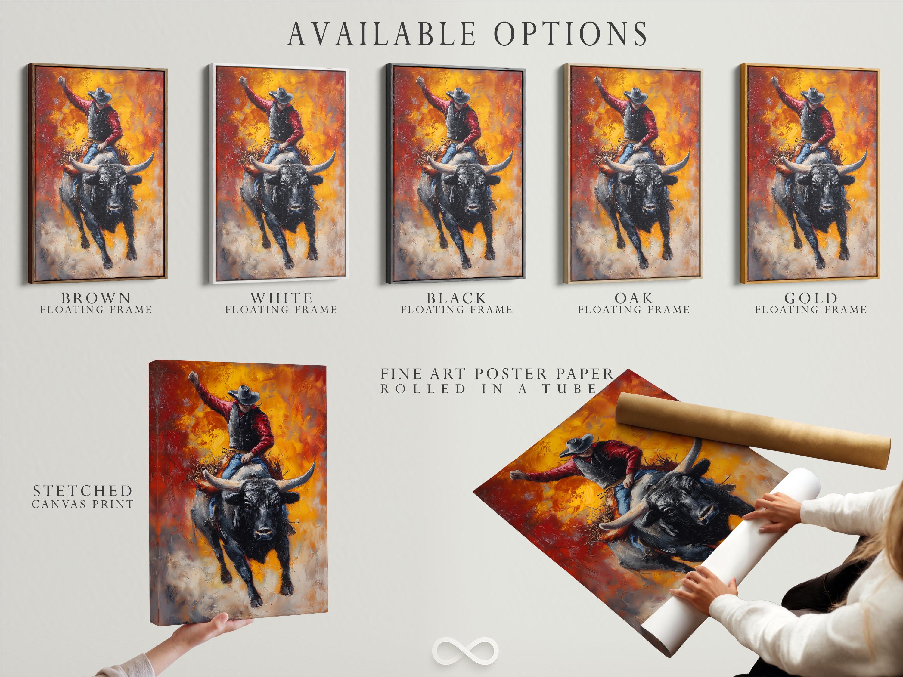 Cowboy riding a black bull in a western scene with flame-like orange and gold background detail view