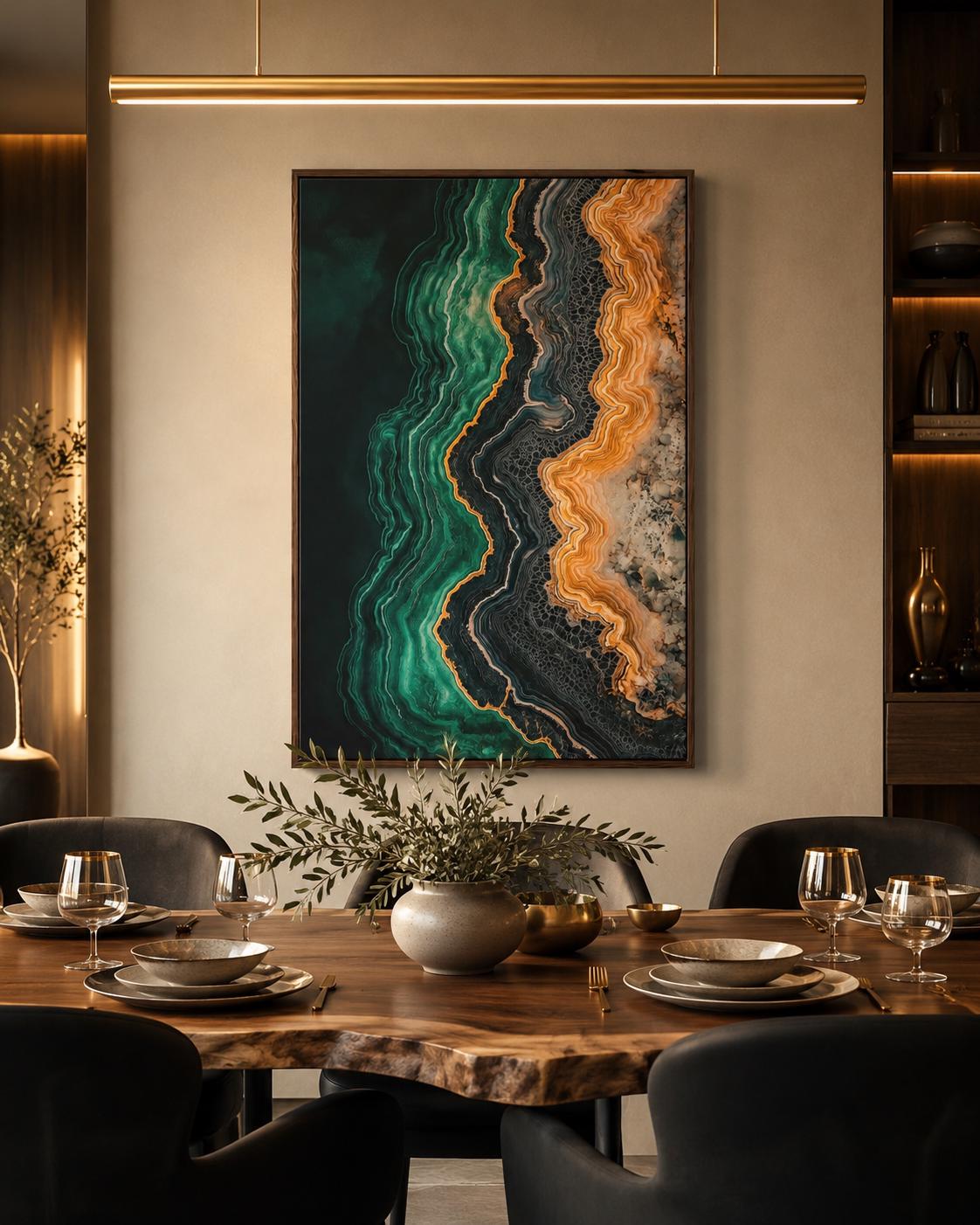 Office room mockup featuring a teal and gold abstract agate-style artwork on a wall