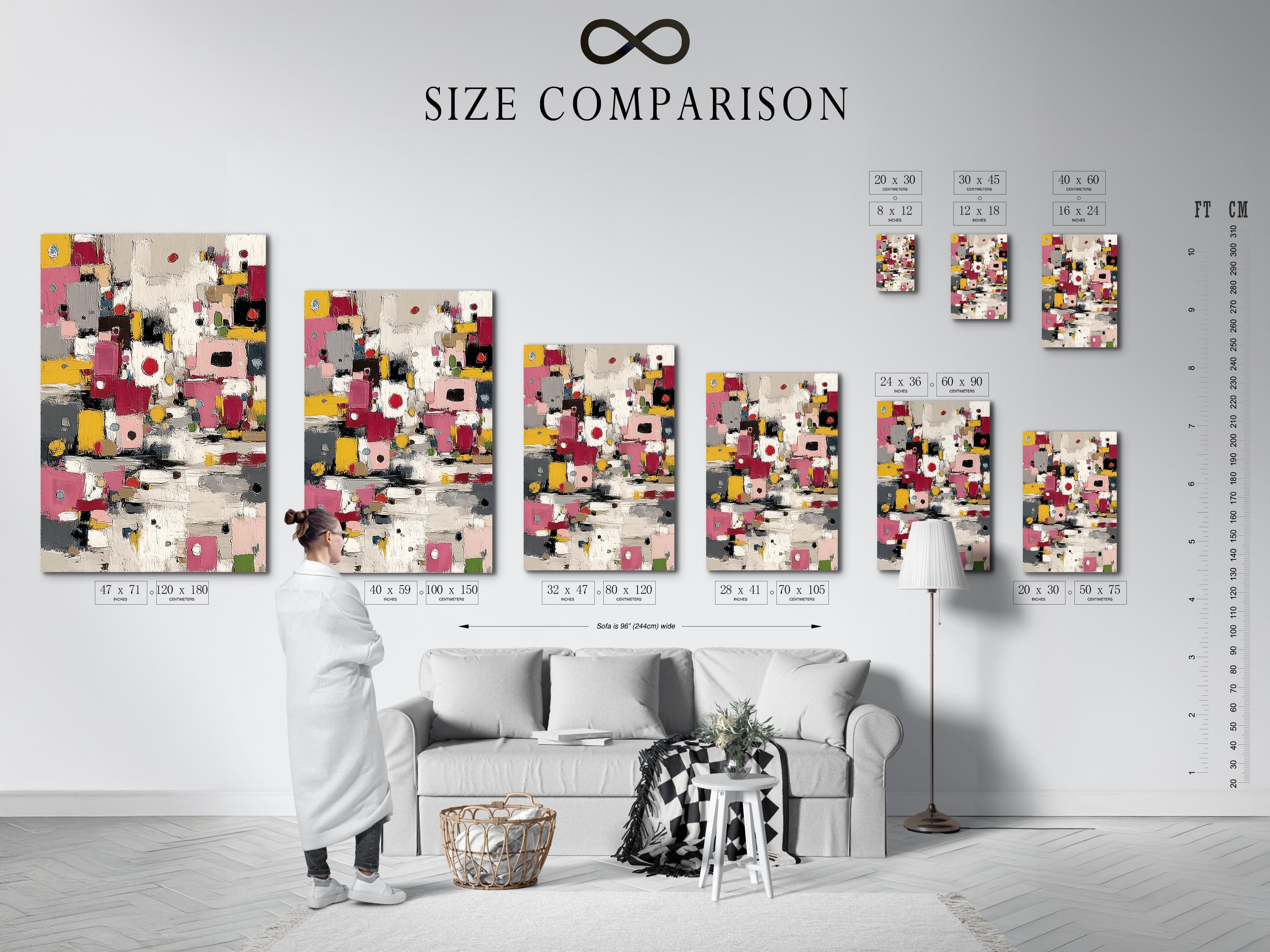 Textured abstract artwork with layered geometric blocks in pink, yellow, grey and black detail view