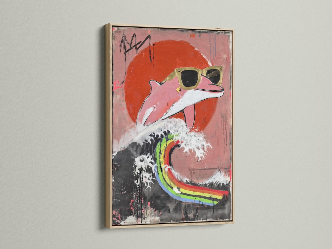 A stylised pink dolphin in pop-art style is shown diving through a graffiti-like backdrop with bold rainbow accents and drips detail view