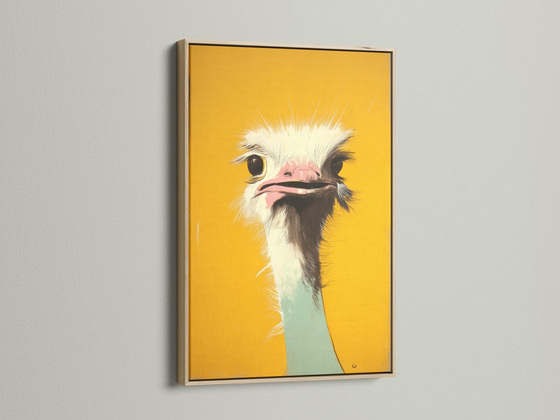 Stylised ostrich head portrait in mustard yellow with white feathers, dark eyes and a pink beak interior detail view