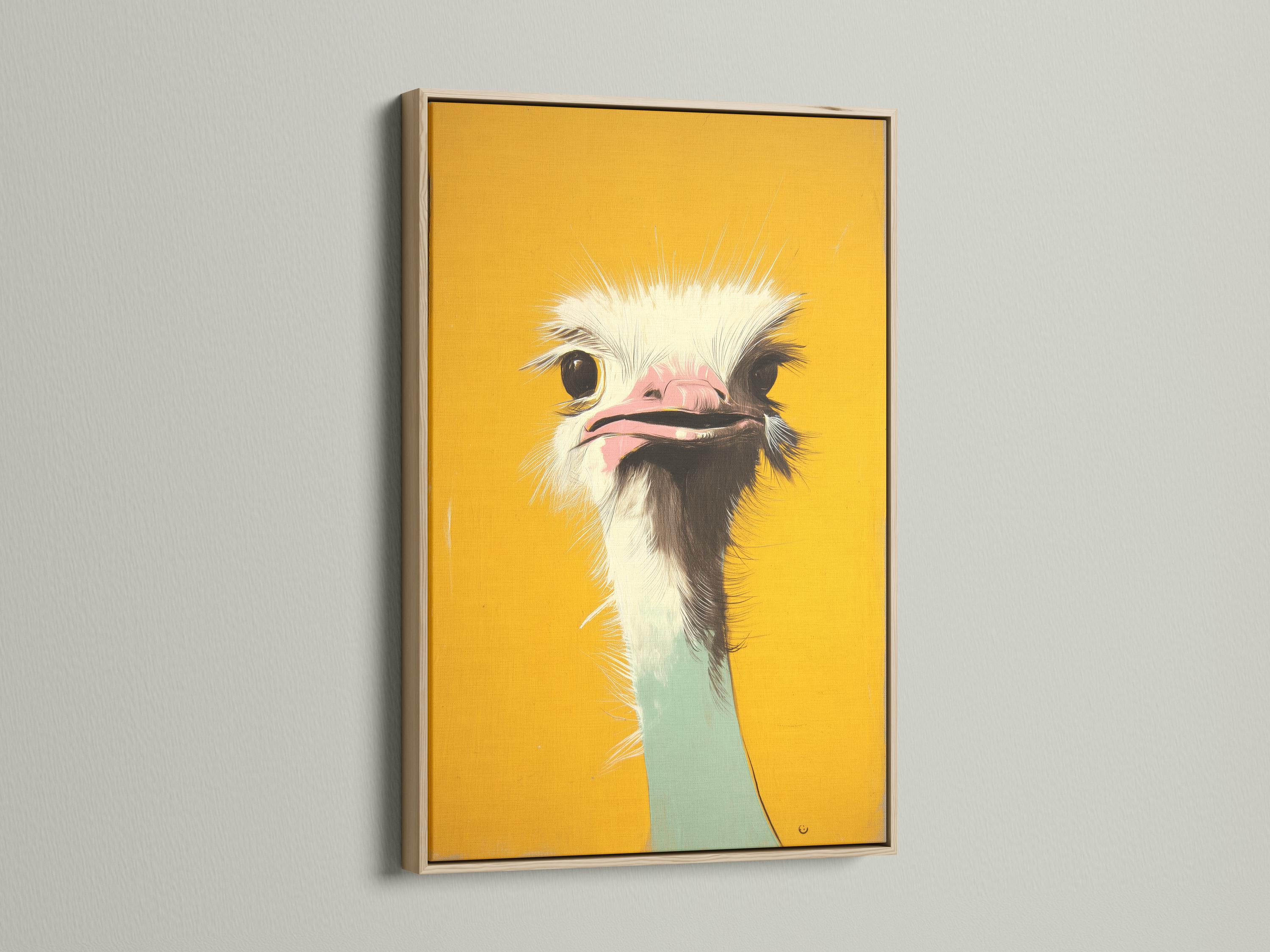 Stylised ostrich head portrait in mustard yellow with white feathers, dark eyes and a pink beak interior detail view