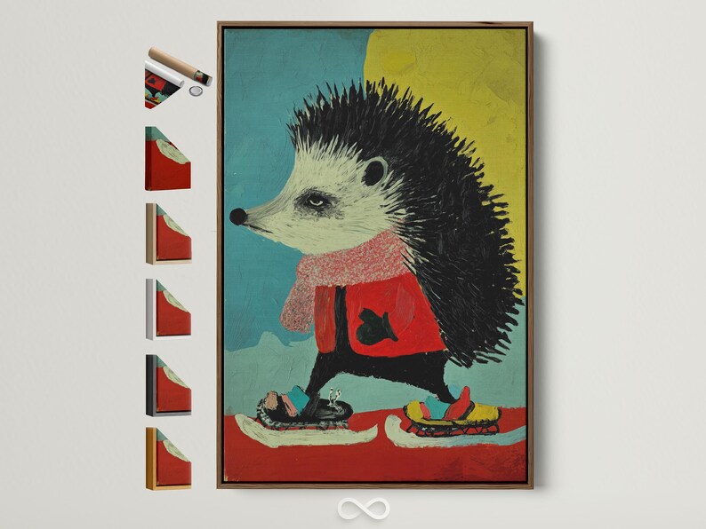 Cartoon hedgehog with a red jacket on a teal, yellow and red graphic background